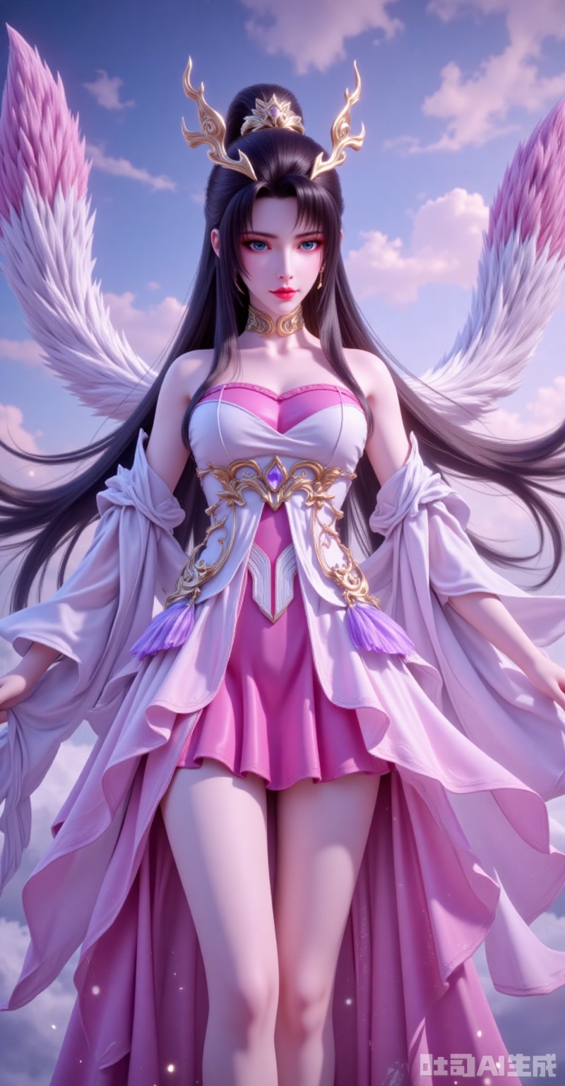 tianhuxianzi,long hair,hair ornament,black hair,multiple tails,tail,jewelry,blue eyes,1girl,solo,dress,long hair,hair ornament,sky,black hair,cloud,pink dress,bare shoulders,detached sleeves,skirt,tail,facial mark,multiple tails,closed mouth,long_legs,full boyd,cover,gradient background,close-up details,outstanding style,adding a touch of dimension to your images without compromising details,close-up,