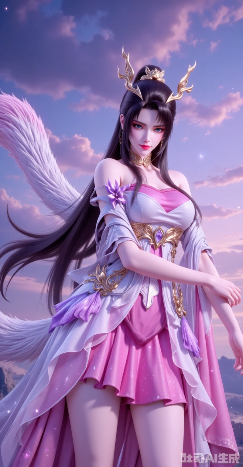 tianhuxianzi,long hair,hair ornament,black hair,multiple tails,tail,jewelry,blue eyes,1girl,solo,dress,long hair,hair ornament,sky,black hair,cloud,pink dress,bare shoulders,detached sleeves,skirt,tail,facial mark,multiple tails,closed mouth,long_legs,full boyd,cover,gradient background,close-up details,outstanding style,adding a touch of dimension to your images without compromising details,close-up,