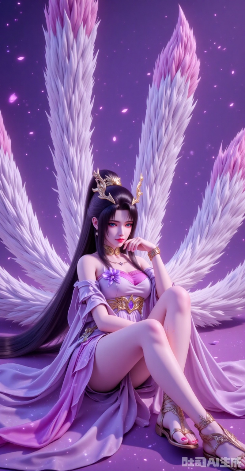 ,tianhuxianzi,long hair,hair ornament,black hair,multiple tails,tail,jewelry,blue eyes,1girl,solo,long hair,multiple tails,tail,sandals,black hair,dress,sitting,ponytail,hair ornament,bracelet,jewelry,1,cover,gradient background,close-up details,outstanding style,adding a touch of dimension to your images without compromising details,close-up,