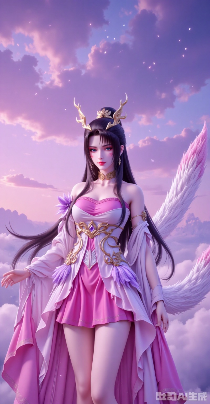 tianhuxianzi,long hair,hair ornament,black hair,multiple tails,tail,jewelry,blue eyes,1girl,solo,dress,long hair,hair ornament,sky,black hair,cloud,pink dress,bare shoulders,detached sleeves,skirt,tail,facial mark,multiple tails,closed mouth,long_legs,full boyd,cover,gradient background,close-up details,outstanding style,adding a touch of dimension to your images without compromising details,close-up,