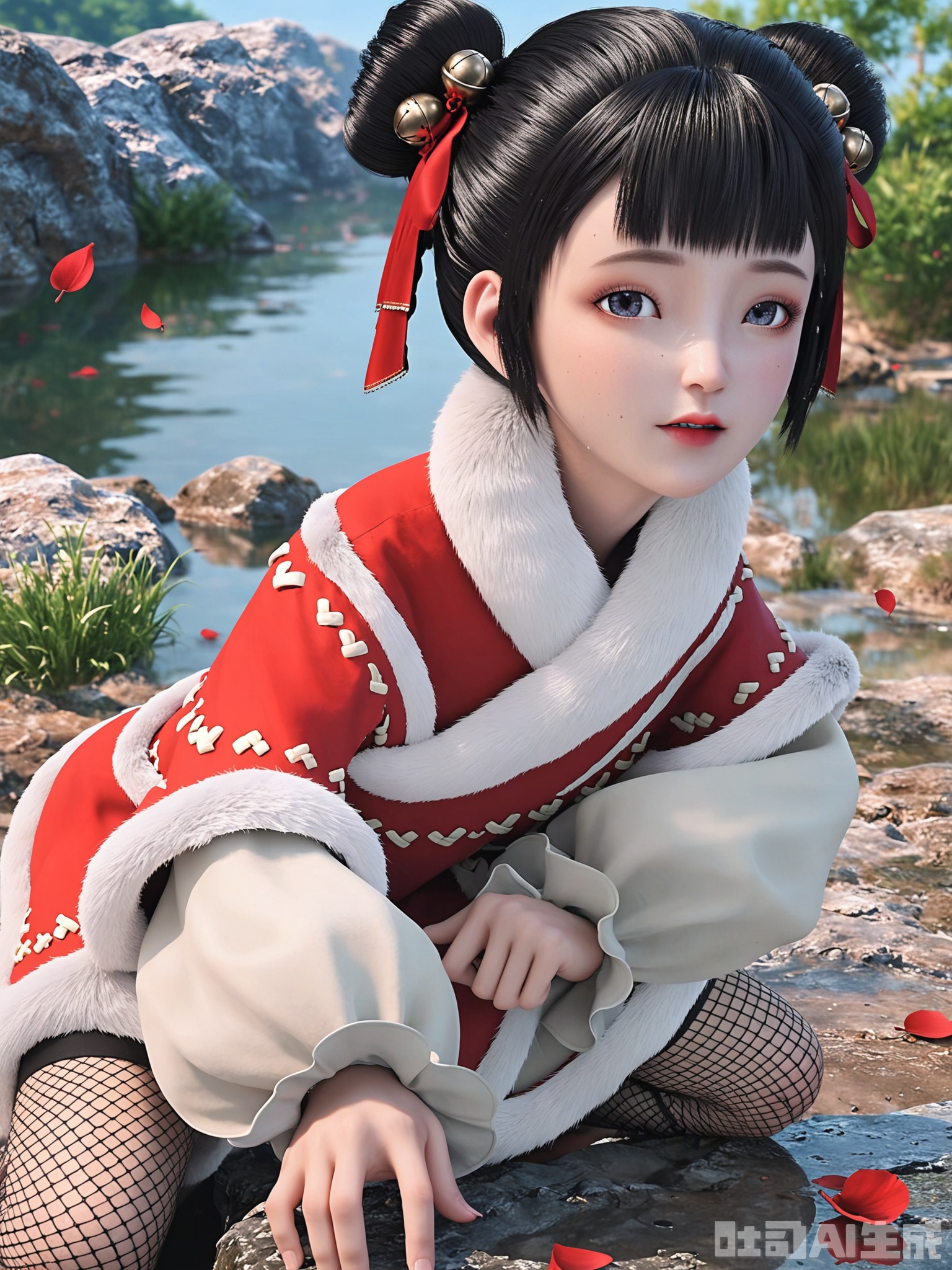 score_9,score_8_up,score_7_up,realistic,photorealistic,1girl,looking_at_viewer,realistic,1girl,Vivid Colors,bright environment,delicate water,hair_ornament,shiny skin,shiny hair,reflection,dress,flower sea,falling petals,extreme detail description,(upper body:0.3),put one hand on your side,long_hair,(skindentation:1.3),Fishnet stockings,bright,sunshine on face,light,sweating,dress,light,sitting_down,glowing,sunshine,bright,reflection,pale_skin,hair bun,bangs,black hair,fur trim,hair ornament,ribbon,double bun,hair ribbon,blunt bangs,hair bell,short hair,white chinese clothes,