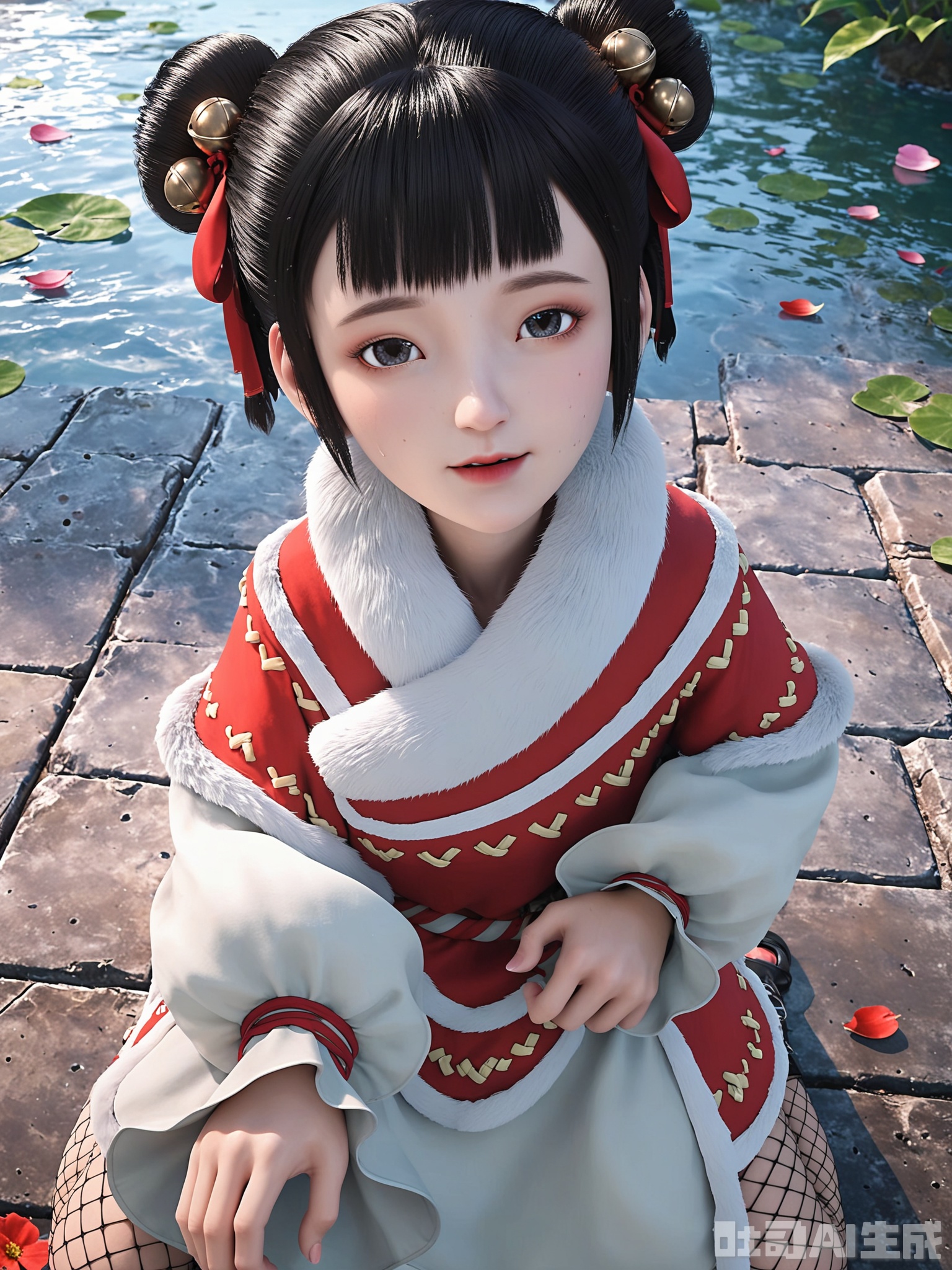 score_9,score_8_up,score_7_up,realistic,photorealistic,1girl,looking_at_viewer,realistic,1girl,Vivid Colors,bright environment,delicate water,hair_ornament,shiny skin,shiny hair,reflection,dress,flower sea,falling petals,extreme detail description,(upper body:0.3),put one hand on your side,long_hair,(skindentation:1.3),Fishnet stockings,bright,sunshine on face,light,sweating,dress,light,sitting_down,glowing,sunshine,bright,reflection,pale_skin,hair bun,bangs,black hair,fur trim,hair ornament,ribbon,double bun,hair ribbon,blunt bangs,hair bell,short hair,chinese clothes,