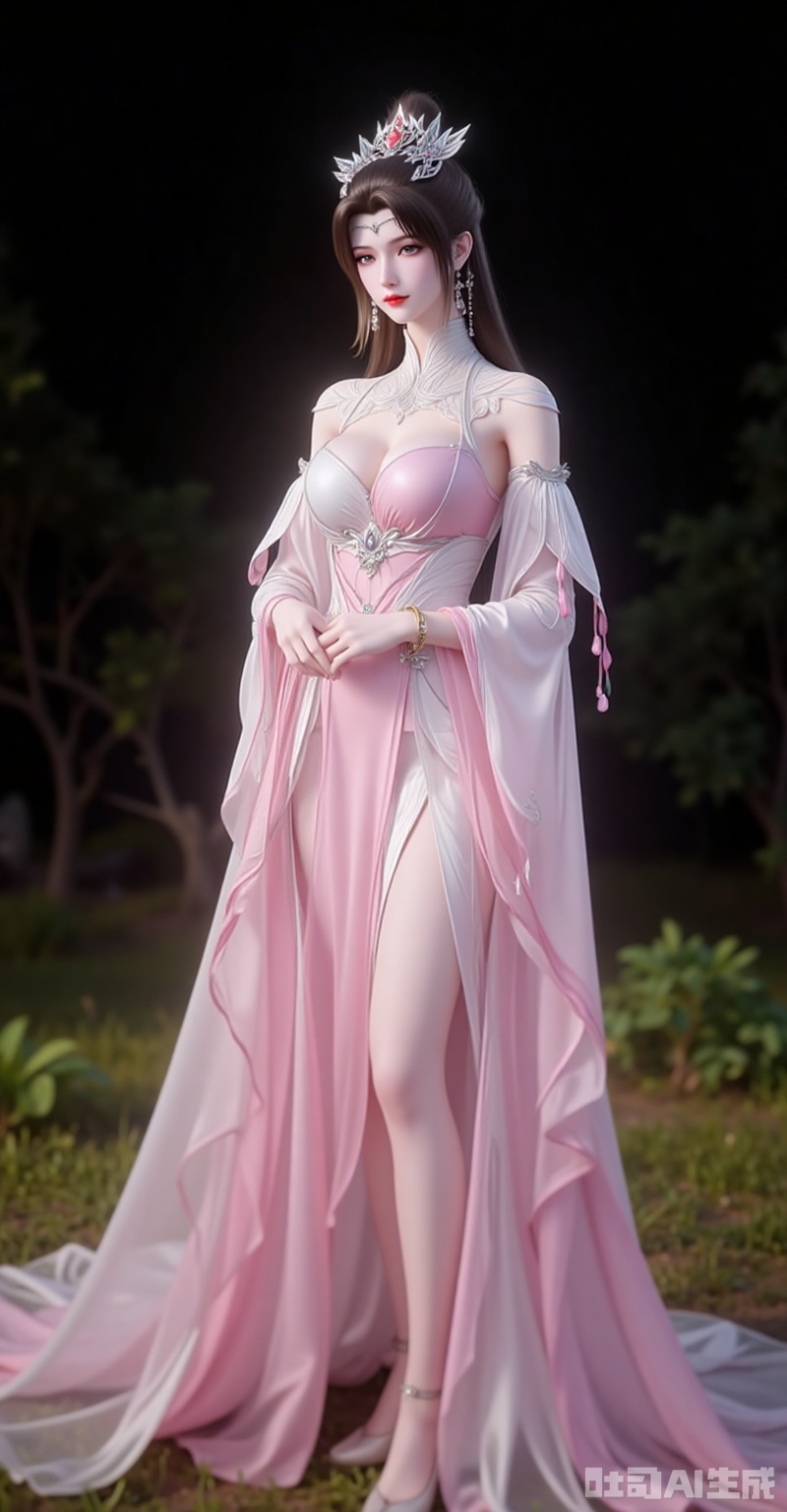 liumei,1girl,solo,dress,jewelry,brown hair,hair ornament,earrings,long hair,bracelet,pink dress,detached sleeves,white dress,grass,tiara,closed mouth,blurry background,legs,full boyd,black_background,simple background,cover,gradient background,close-up details,outstanding style,adding a touch of dimension to your images without compromising details,close-up,lvjing,lvjing