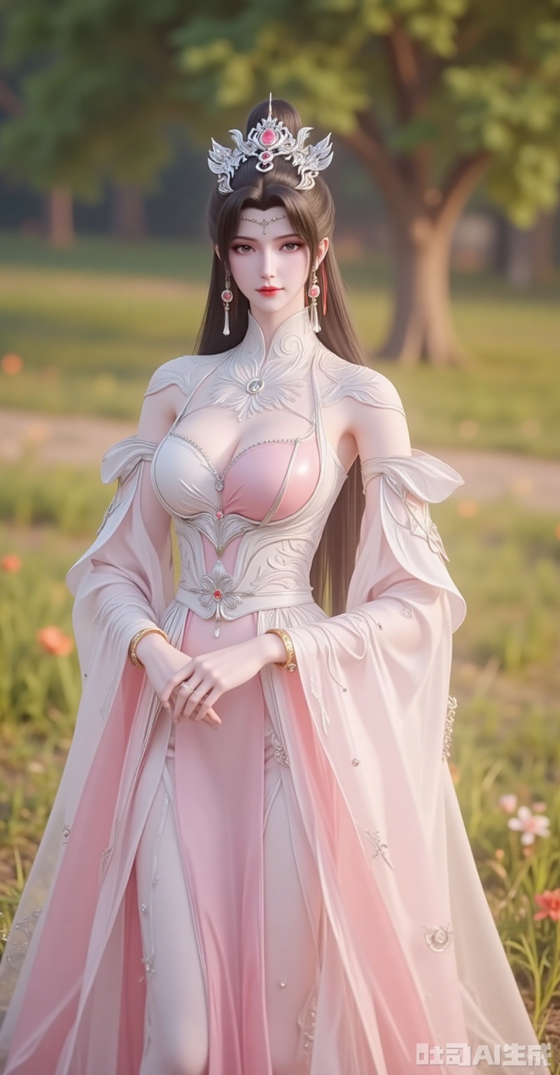 liumei,1girl,solo,dress,jewelry,brown hair,hair ornament,earrings,long hair,bracelet,pink dress,detached sleeves,white dress,grass,tiara,closed mouth,upper body,blurry background,1,cover,gradient background,close-up details,outstanding style,adding a touch of dimension to your images without compromising details,close-up,lvjing,lvjing