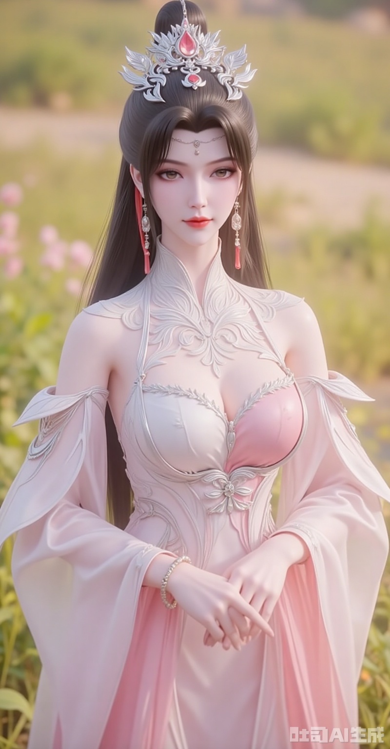 liumei,1girl,solo,dress,jewelry,brown hair,hair ornament,earrings,long hair,bracelet,pink dress,detached sleeves,white dress,grass,tiara,closed mouth,upper body,blurry background,1,cover,gradient background,close-up details,outstanding style,adding a touch of dimension to your images without compromising details,close-up,lvjing,lvjing