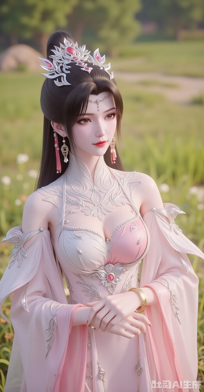 liumei,1girl,solo,dress,jewelry,brown hair,hair ornament,earrings,long hair,bracelet,pink dress,detached sleeves,white dress,grass,tiara,closed mouth,upper body,blurry background,1,cover,gradient background,close-up details,outstanding style,adding a touch of dimension to your images without compromising details,close-up,lvjing,lvjing