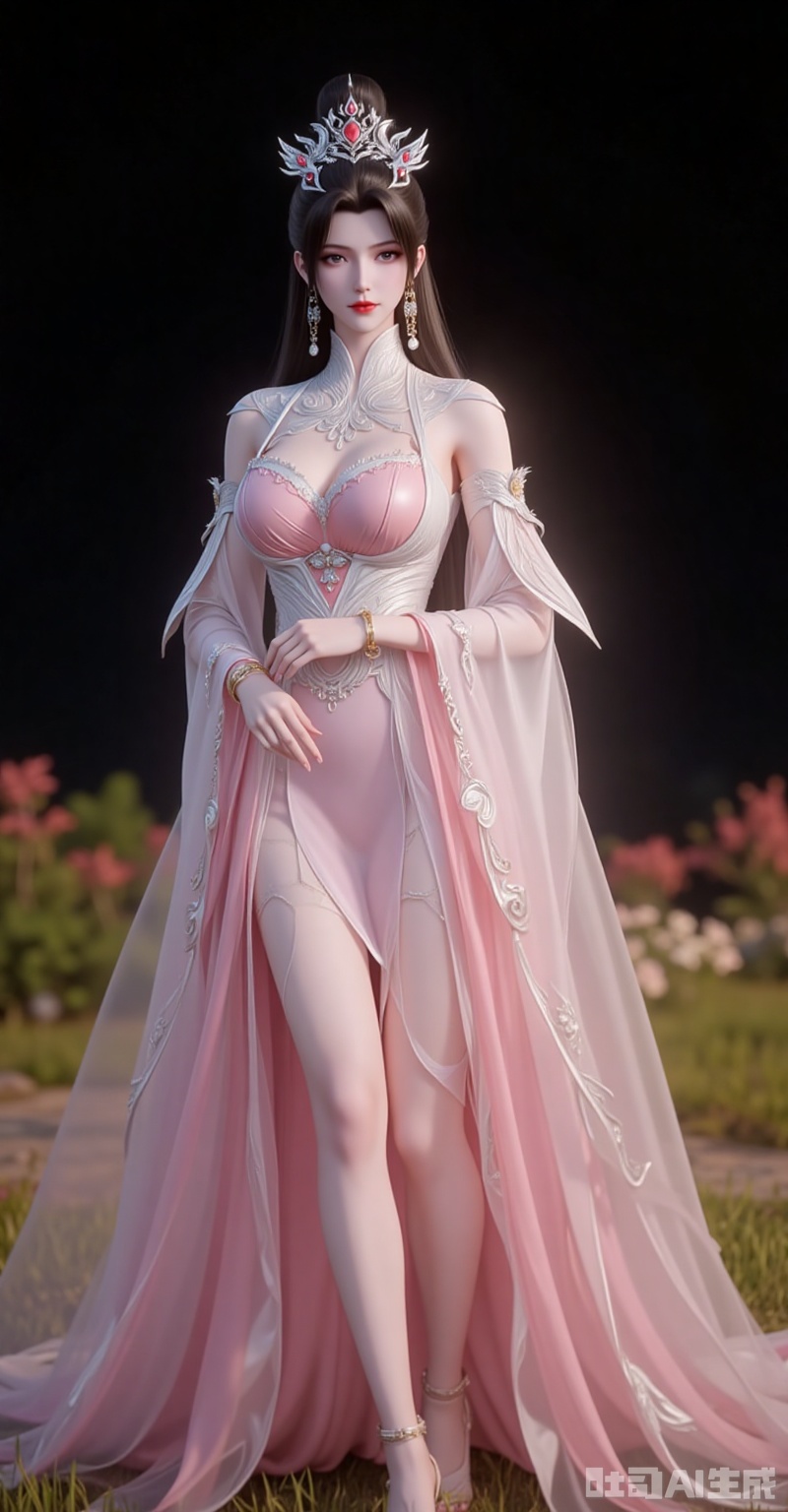 liumei,1girl,solo,dress,jewelry,brown hair,hair ornament,earrings,long hair,bracelet,pink dress,detached sleeves,white dress,grass,tiara,closed mouth,blurry background,legs,full boyd,black_background,simple background,cover,gradient background,close-up details,outstanding style,adding a touch of dimension to your images without compromising details,close-up,lvjing,lvjing