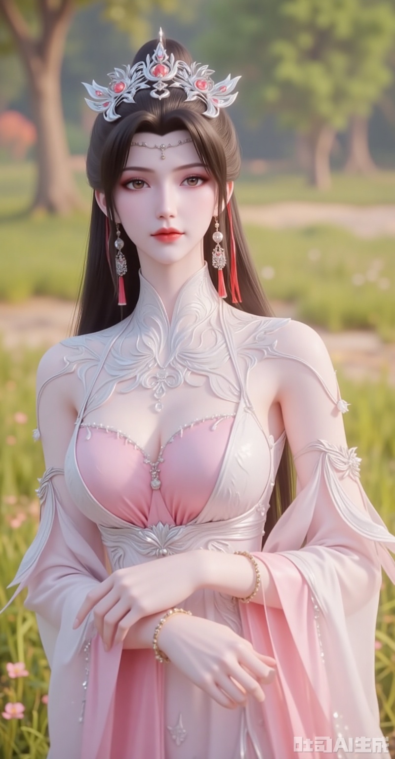 liumei,1girl,solo,dress,jewelry,brown hair,hair ornament,earrings,long hair,bracelet,pink dress,detached sleeves,white dress,grass,tiara,closed mouth,upper body,blurry background,1,cover,gradient background,close-up details,outstanding style,adding a touch of dimension to your images without compromising details,close-up,lvjing,lvjing