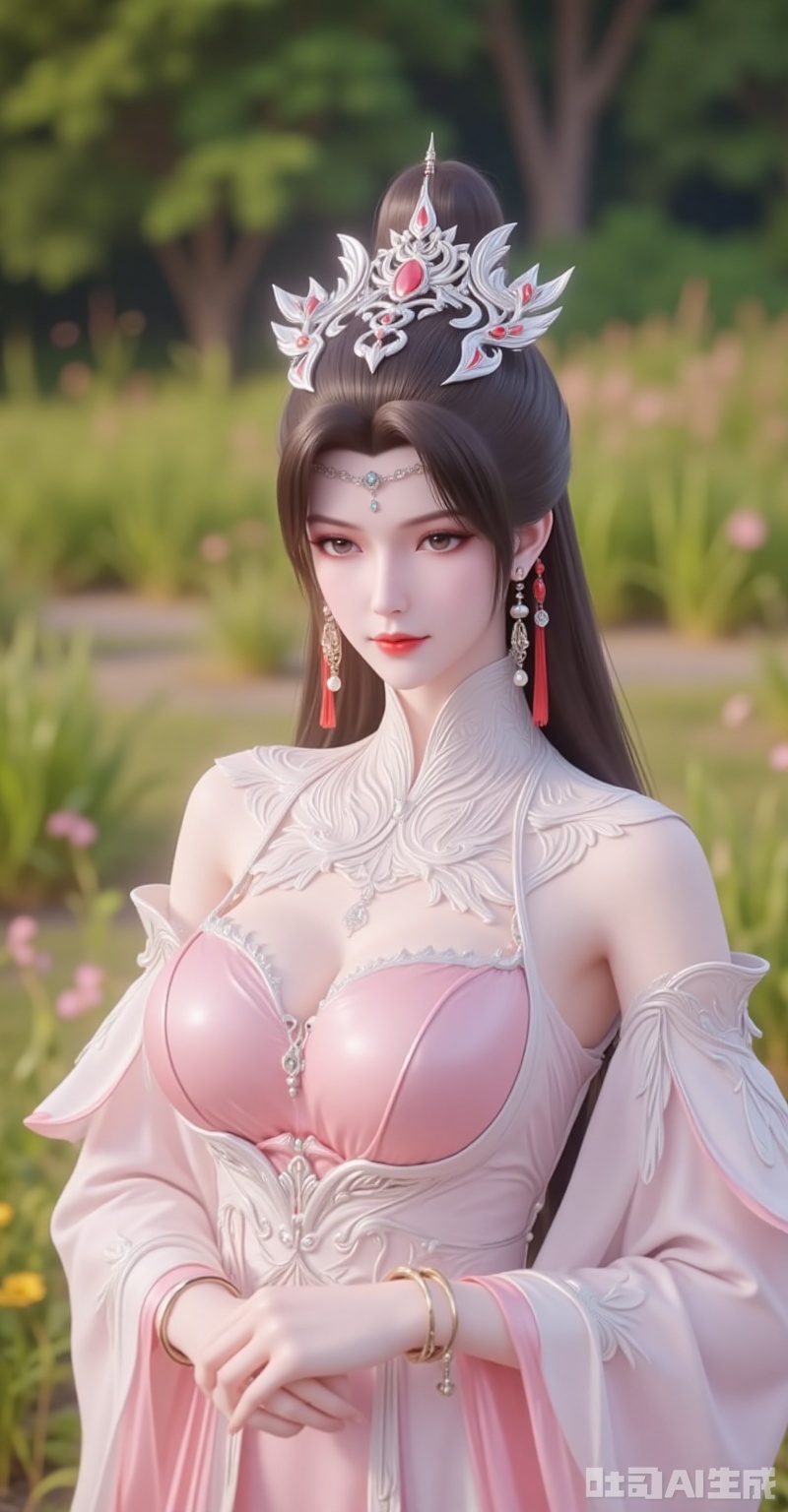 liumei,1girl,solo,dress,jewelry,brown hair,hair ornament,earrings,long hair,bracelet,pink dress,detached sleeves,white dress,grass,tiara,closed mouth,upper body,blurry background,1,cover,gradient background,close-up details,outstanding style,adding a touch of dimension to your images without compromising details,close-up,lvjing,lvjing