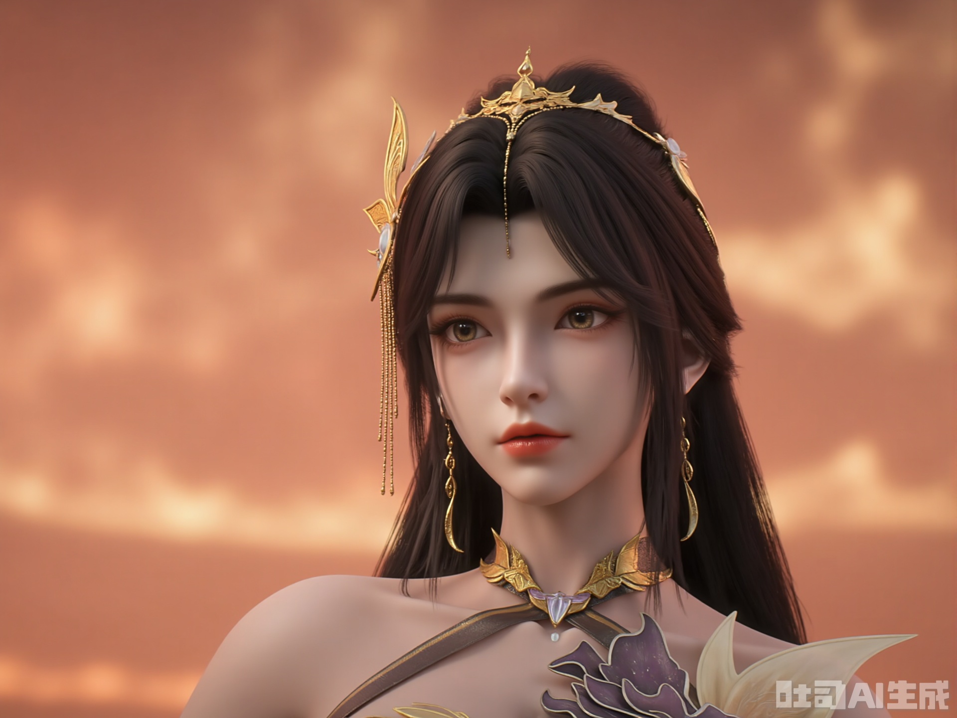 A stunning, digital fantasy art portrait of a young woman with porcelain skin and long, straight black hair. She wears a golden, ornate crown with intricate designs and matching earrings. Her eyes are large and expressive, with a hint of melancholy. She has full, red lips and a delicate, symmetrical face. The background is a blurred, warm gradient, suggesting a sunset or sunrise. The style is realistic with a touch of fantasy, emphasizing elegance and ethereal beauty. The lighting is soft and warm, highlighting her features and creating a serene, almost otherworldly atmosphere.
