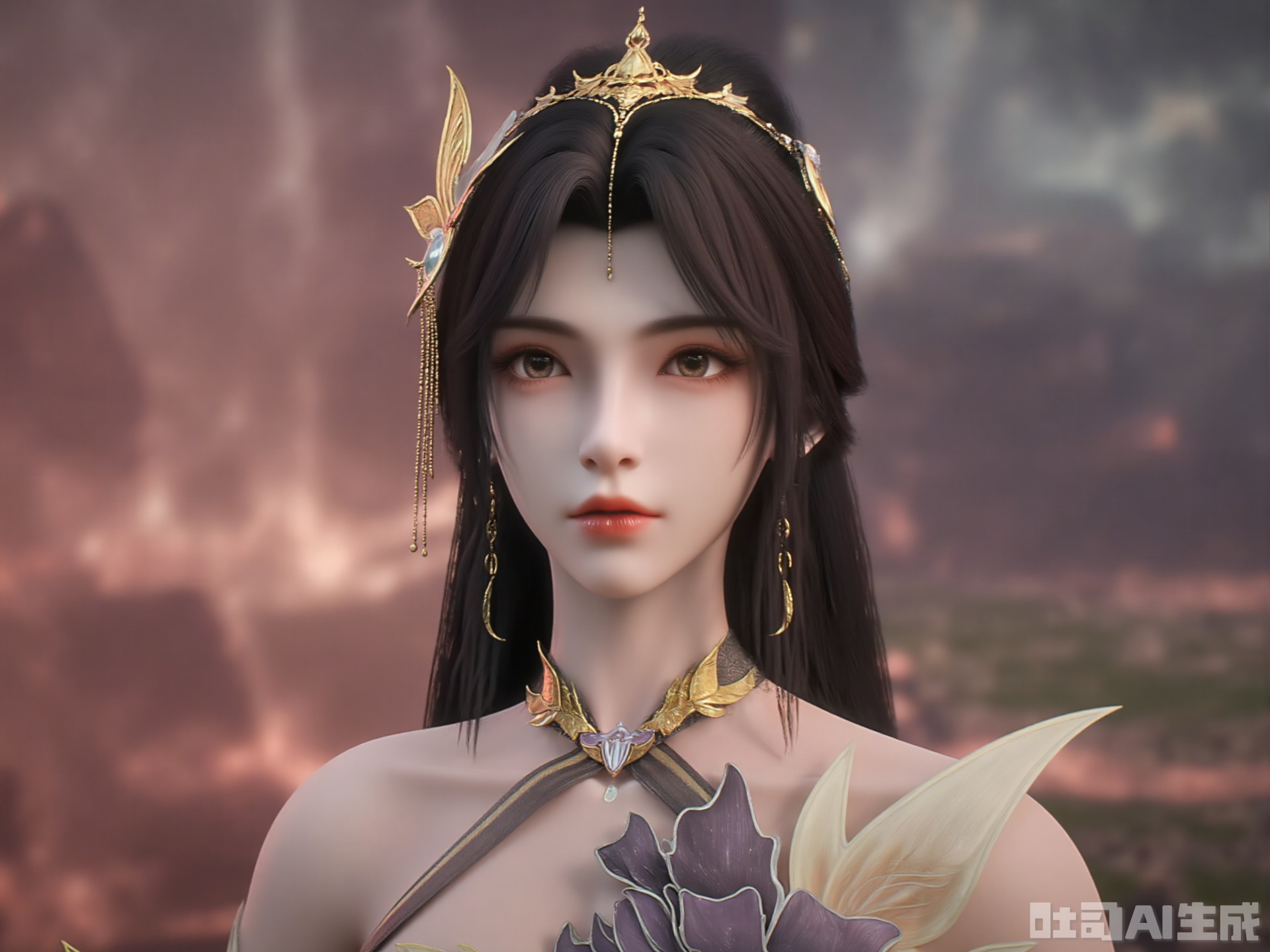 A stunning, digital fantasy art portrait of a young woman with porcelain skin and long, straight black hair. She wears a golden, ornate crown with intricate designs and matching earrings. Her eyes are large and expressive, with a hint of melancholy. She has full, red lips and a delicate, symmetrical face. The background is a blurred, warm gradient, suggesting a sunset or sunrise. The style is realistic with a touch of fantasy, emphasizing elegance and ethereal beauty. The lighting is soft and warm, highlighting her features and creating a serene, almost otherworldly atmosphere.
