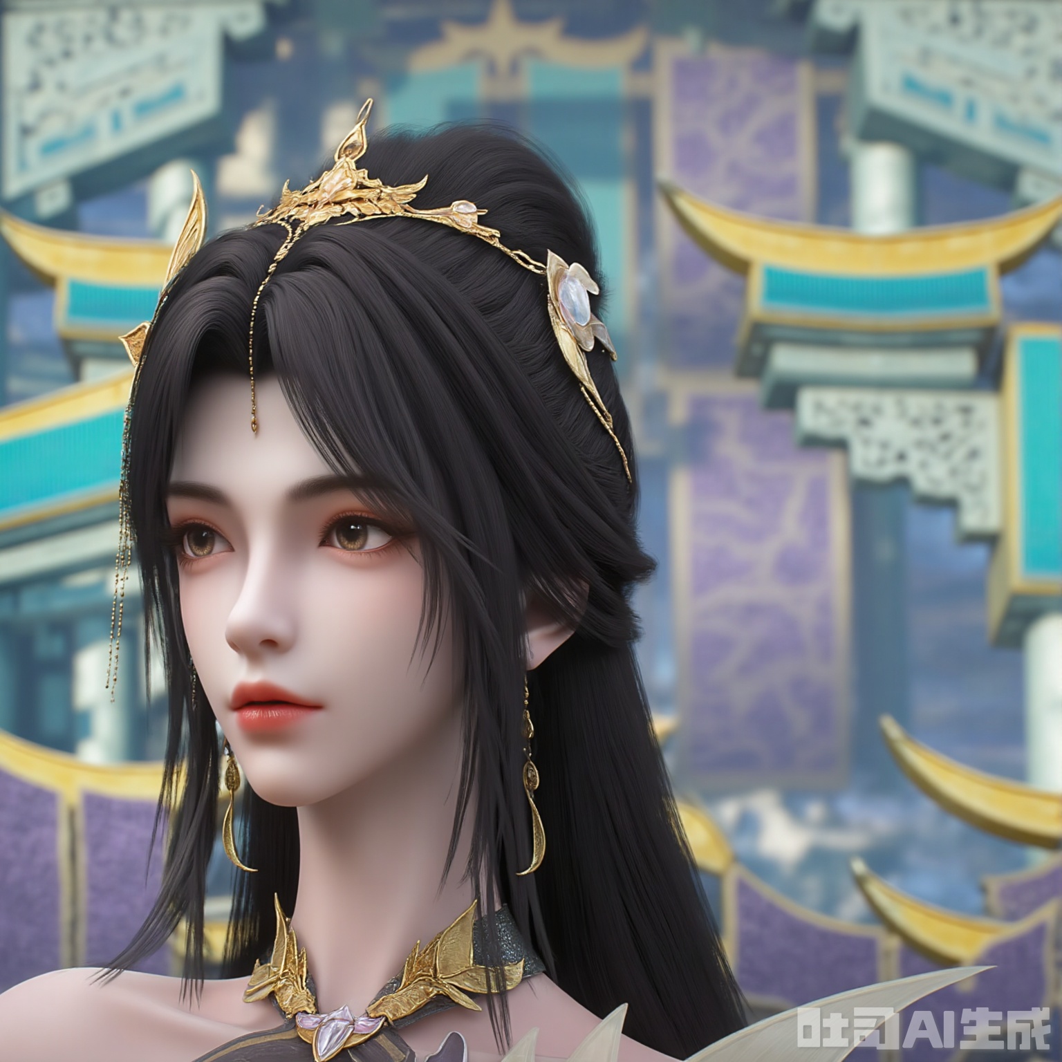 The image depicts a stylized, digitally rendered character with long black hair adorned with golden ornaments, including a headpiece with intricate designs and dangling beads. The character has large, expressive eyes with a subtle golden hue, and their lips are painted a soft pink. They are wearing a necklace with a prominent, heart-shaped pendant and a piece of armor or fabric with a purple hue. In the background, there is a structure that appears to be a traditional East Asian architectural style, featuring ornate, multi-tiered roofs with blue and gold accents. The setting suggests a serene, possibly historical or fantasy environment.