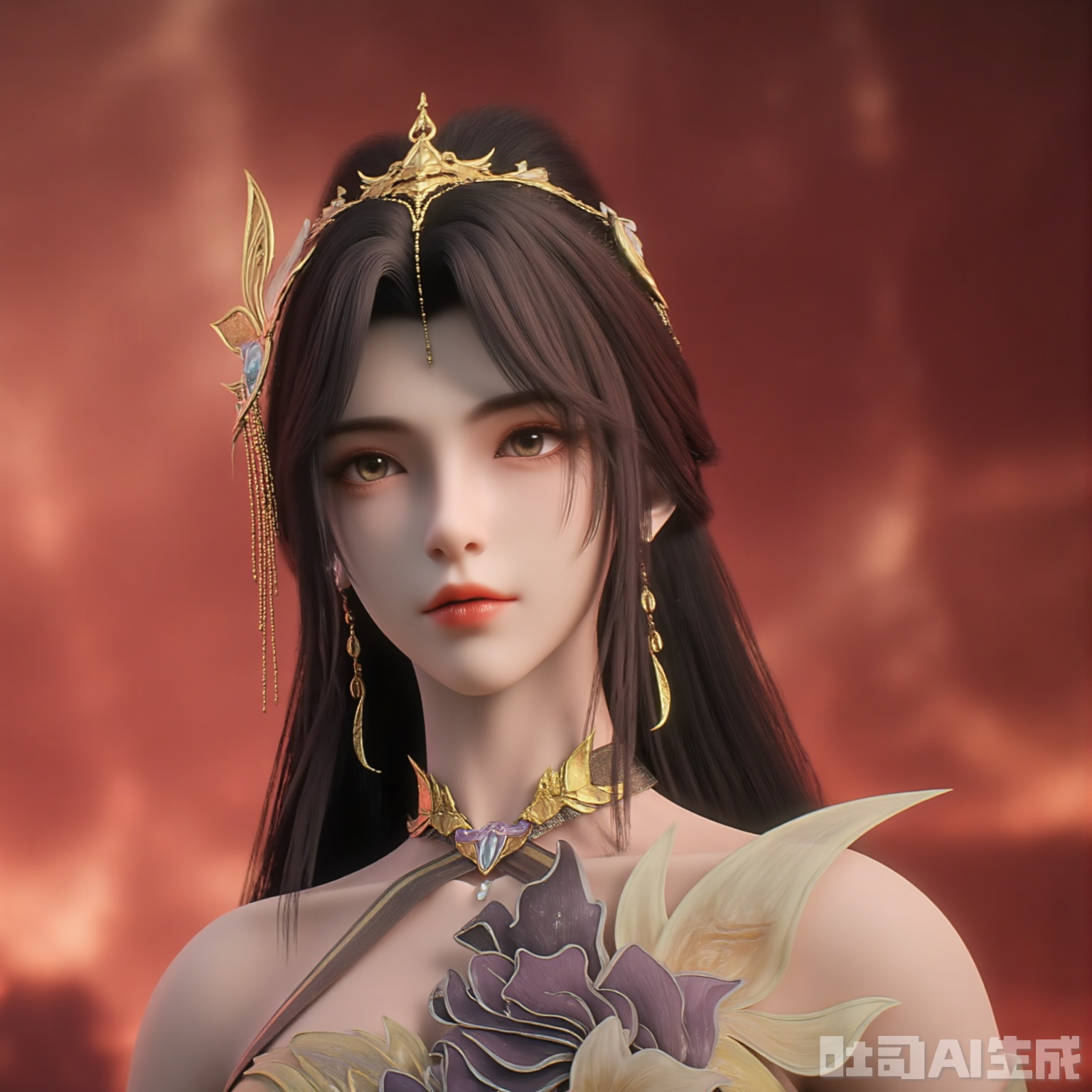 A stunning, digital fantasy art portrait of a young woman with porcelain skin and long, straight black hair. She wears a golden, ornate crown with intricate designs and matching earrings. Her eyes are large and expressive, with a hint of melancholy. She has full, red lips and a delicate, symmetrical face. The background is a blurred, warm gradient, suggesting a sunset or sunrise. The style is realistic with a touch of fantasy, emphasizing elegance and ethereal beauty. The lighting is soft and warm, highlighting her features and creating a serene, almost otherworldly atmosphere.