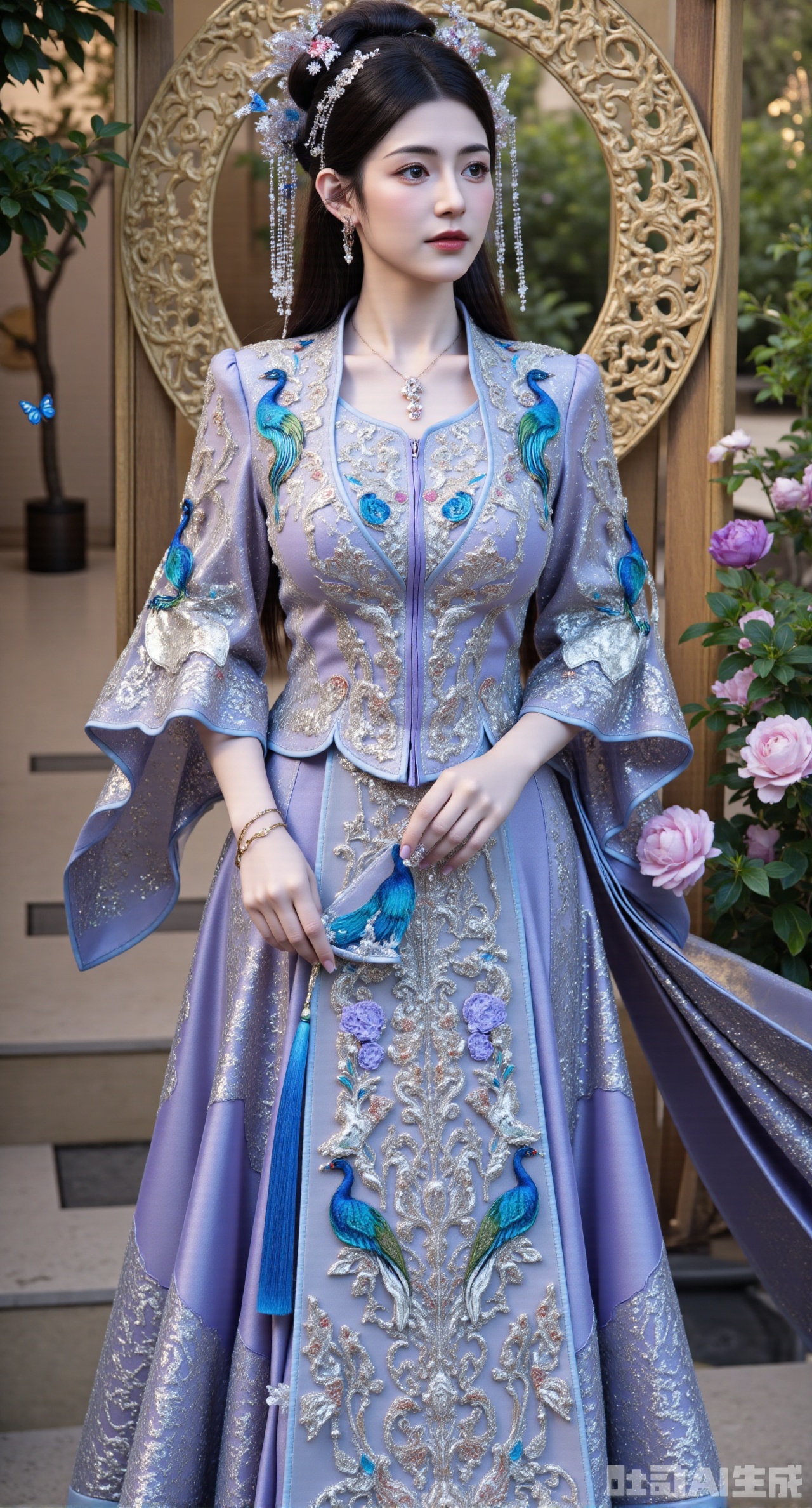 (masterpiece, best quality:1.2),masterpiece, best quality, A Chinese - style wedding - dress girl wearing a blue - purple Xiuhe dress stands in front of the moon - shaped gate in a Chinese - style garden. The Xiuhe dress is made of blue - purple silk, embroidered with gorgeous peacocks and flowers using Cantonese embroidery techniques. The colors are colorful, and the stitches are changeable. The upper garment has a diagonal - front design, with glazed buttons. The collar and cuffs are embroidered with patterns outlined by silver silk threads. The lower hundred - pleated skirt is embroidered with peacock - tail - feather patterns, and the skirt has distinct layers. The girl wears a silver - jewelry hair crown, inlaid with blue gemstones, silver earrings, a silver necklace around her neck, and a silver bracelet on her hand. The moon - shaped gate is gracefully shaped, and butterflies are flying in the surrounding flower bushes, creating a romantic and mysterious atmosphere, (huge breasts, full breasts) (huge breasts, full breasts),(huge breasts, full breasts:2.99),XyunxiaoYK,Xbigbreasts,Xrixirenxiangsheying,Xmengru,XfuqingyunY,XluxueqiXY2,Xtangzichen,Xxiuhefu