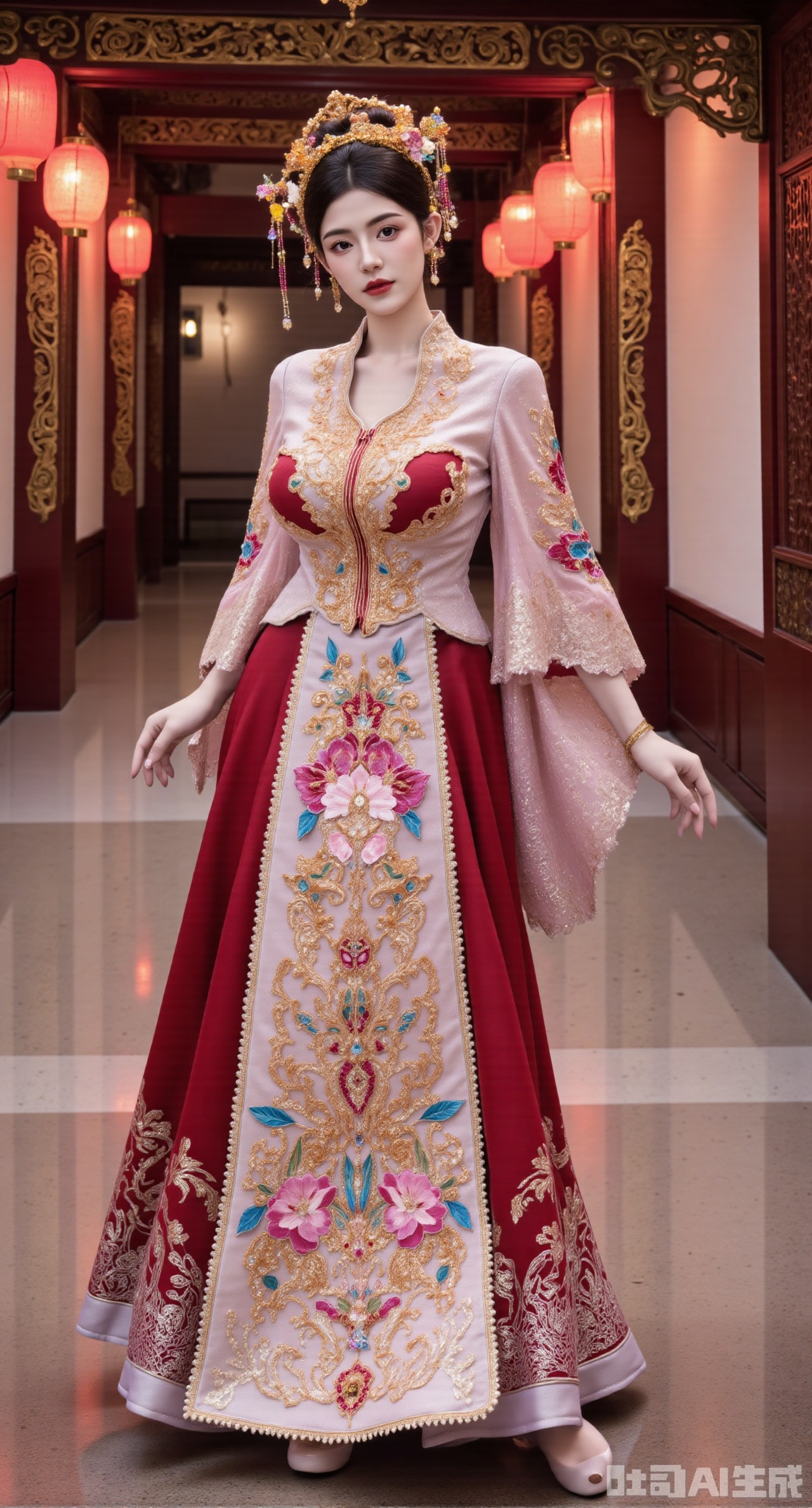 (masterpiece, best quality:1.2), A Chinese - style wedding - dress girl wearing a rose - red Xiuhe dress strolls in the corridor of a Chinese - style building. The Xiuhe dress uses Chaozhou embroidery techniques. With rose - red silk as the fabric, it is embroidered with gorgeous phoenixes and peonies. The colors are strong, and the stitches are changeable. The stand - collar is inlaid with colored gemstones, and the buttons are wrapped with golden silk threads, delicate and beautiful. The lower mami skirt is embroidered with rose - red flowers, and the skirt gate is decorated with colored yingluo. The girl wears a phoenix - hairpin hair crown, inlaid with various colored gemstones, rose - red gemstone earrings, a colored - gemstone necklace around her neck, and a colored jade bracelet on her hand. The corridor has carved beams and painted rafters, hung with red lanterns, full of a festive atmosphere,  (huge breasts, full breasts),(huge breasts, full breasts:2.99),XyunxiaoYK,Xbigbreasts,Xrixirenxiangsheying,Xmengru,XfuqingyunY,XluxueqiXY2,Xtangzichen,Xxiuhefu