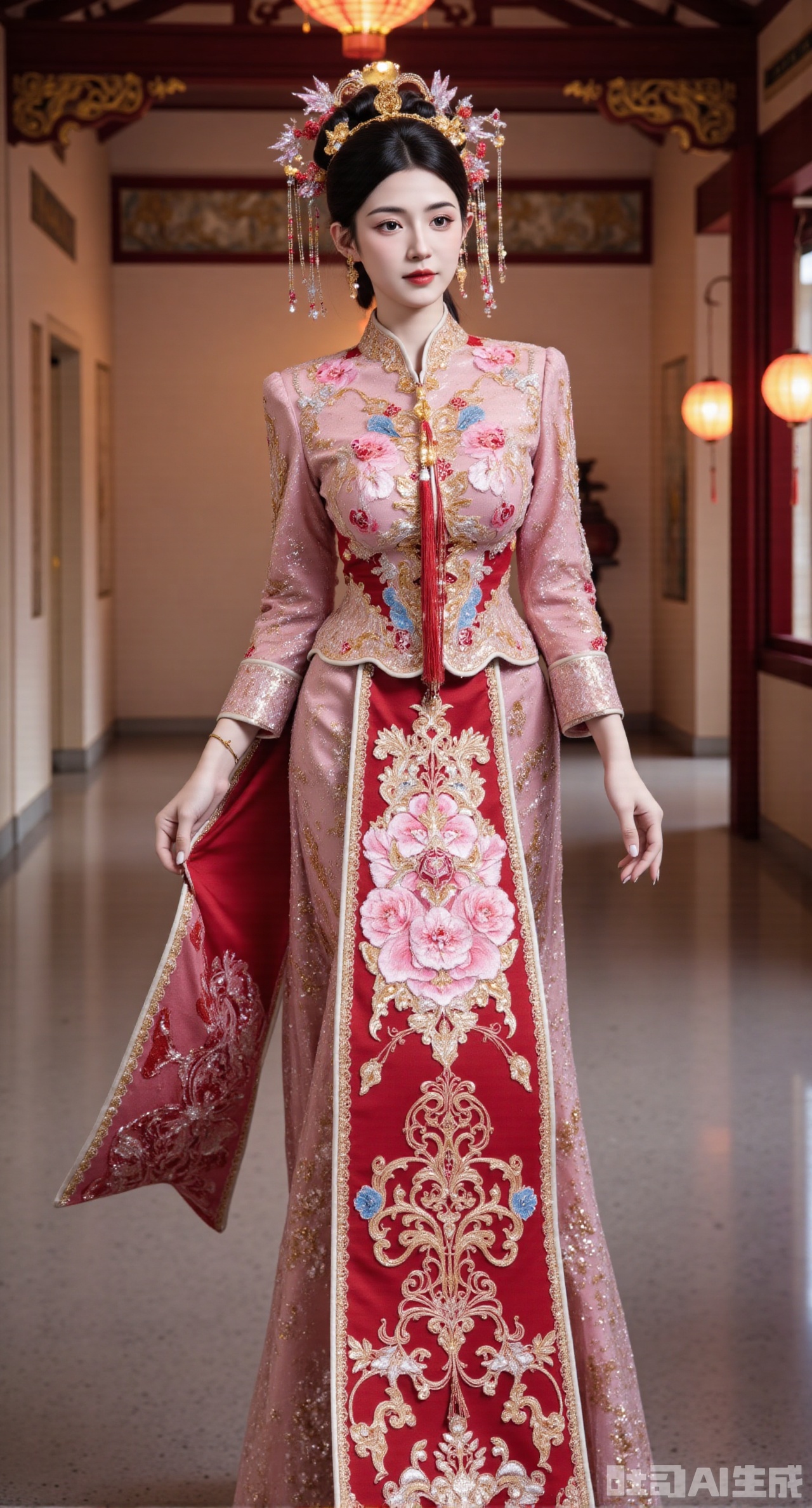 (masterpiece, best quality:1.2), A Chinese - style wedding - dress girl wearing a rose - red Xiuhe dress strolls in the corridor of a Chinese - style building. The Xiuhe dress uses Chaozhou embroidery techniques. With rose - red silk as the fabric, it is embroidered with gorgeous phoenixes and peonies. The colors are strong, and the stitches are changeable. The stand - collar is inlaid with colored gemstones, and the buttons are wrapped with golden silk threads, delicate and beautiful. The lower mami skirt is embroidered with rose - red flowers, and the skirt gate is decorated with colored yingluo. The girl wears a phoenix - hairpin hair crown, inlaid with various colored gemstones, rose - red gemstone earrings, a colored - gemstone necklace around her neck, and a colored jade bracelet on her hand. The corridor has carved beams and painted rafters, hung with red lanterns, full of a festive atmosphere,  (huge breasts, full breasts),(gigantic breasts, full breasts:2.99),XyunxiaoYK,Xbigbreasts,Xrixirenxiangsheying,Xmengru,XfuqingyunY,XluxueqiXY2,Xtangzichen,Xxiuhefu