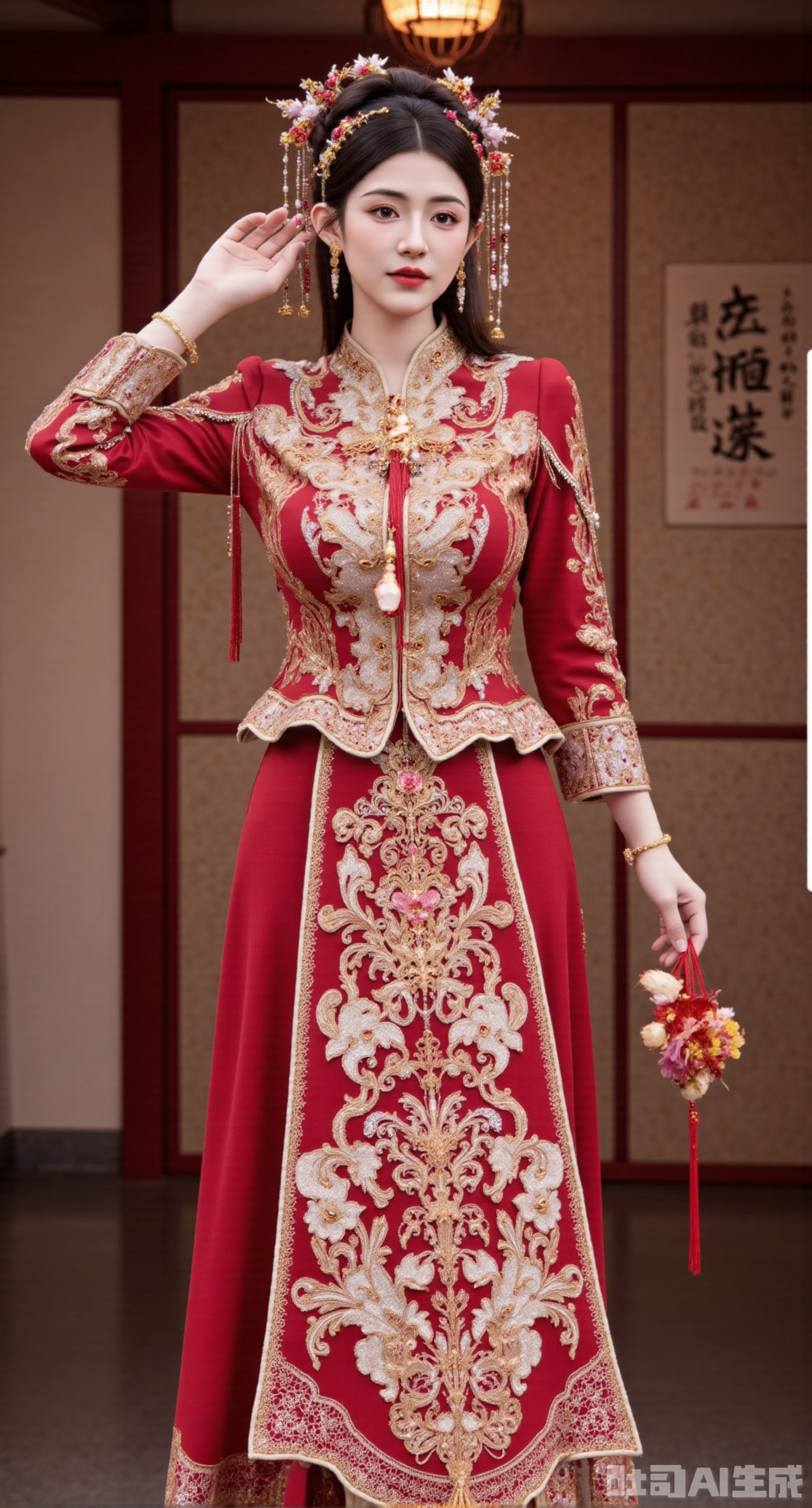 (masterpiece, best quality:1.2),masterpiece, best quality, A Chinese - style wedding - dress girl wearing a bright - red Xiuhe dress stands in an antique Chinese courtyard. The Xiuhe dress adopts the traditional Suzhou embroidery technique. The collar, cuffs, and hem are embroidered with auspicious phoenix - peony patterns, interwoven with gold and silver threads, dazzling. The upper garment has a stand - collar design, with delicate and small buttons. The lower mami skirt has neat pleats, and the skirt body is embroidered with delicate ruyi cloud patterns. The girl wears a phoenix coronet, inlaid with pearls and gemstones, and the hanging bead strings sway gently. She has red - gemstone earrings, a necklace inlaid with rubies around her neck, and a pair of jade bracelets on her hands. In the courtyard, red candles are brightly lit, and happy characters are pasted, creating a strong festive atmosphere for a Chinese - style wedding, (huge breasts, full breasts),(huge breasts, full breasts:2.99),XyunxiaoYK,Xbigbreasts,Xrixirenxiangsheying,Xmengru,XfuqingyunY,XluxueqiXY2,Xtangzichen,Xxiuhefu