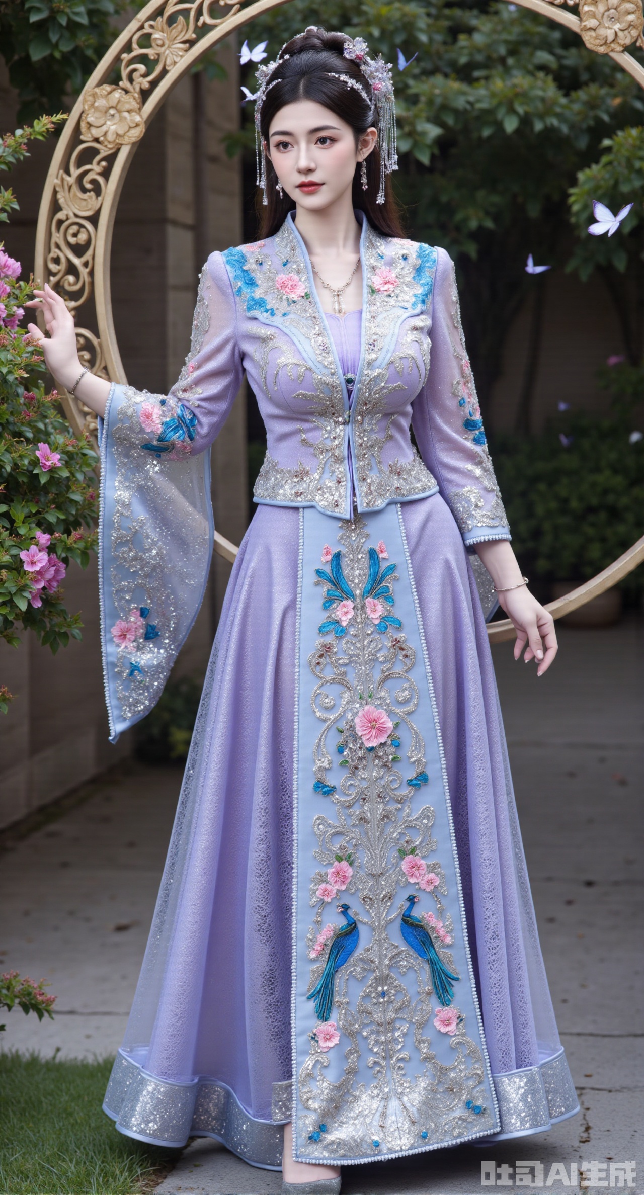 (masterpiece, best quality:1.2),masterpiece, best quality, A Chinese - style wedding - dress girl wearing a blue - purple Xiuhe dress stands in front of the moon - shaped gate in a Chinese - style garden. The Xiuhe dress is made of blue - purple silk, embroidered with gorgeous peacocks and flowers using Cantonese embroidery techniques. The colors are colorful, and the stitches are changeable. The upper garment has a diagonal - front design, with glazed buttons. The collar and cuffs are embroidered with patterns outlined by silver silk threads. The lower hundred - pleated skirt is embroidered with peacock - tail - feather patterns, and the skirt has distinct layers. The girl wears a silver - jewelry hair crown, inlaid with blue gemstones, silver earrings, a silver necklace around her neck, and a silver bracelet on her hand. The moon - shaped gate is gracefully shaped, and butterflies are flying in the surrounding flower bushes, creating a romantic and mysterious atmosphere, (huge breasts, full breasts) (huge breasts, full breasts),(huge breasts, full breasts:2.99),XyunxiaoYK,Xbigbreasts,Xrixirenxiangsheying,Xmengru,XfuqingyunY,XluxueqiXY2,Xtangzichen,Xxiuhefu