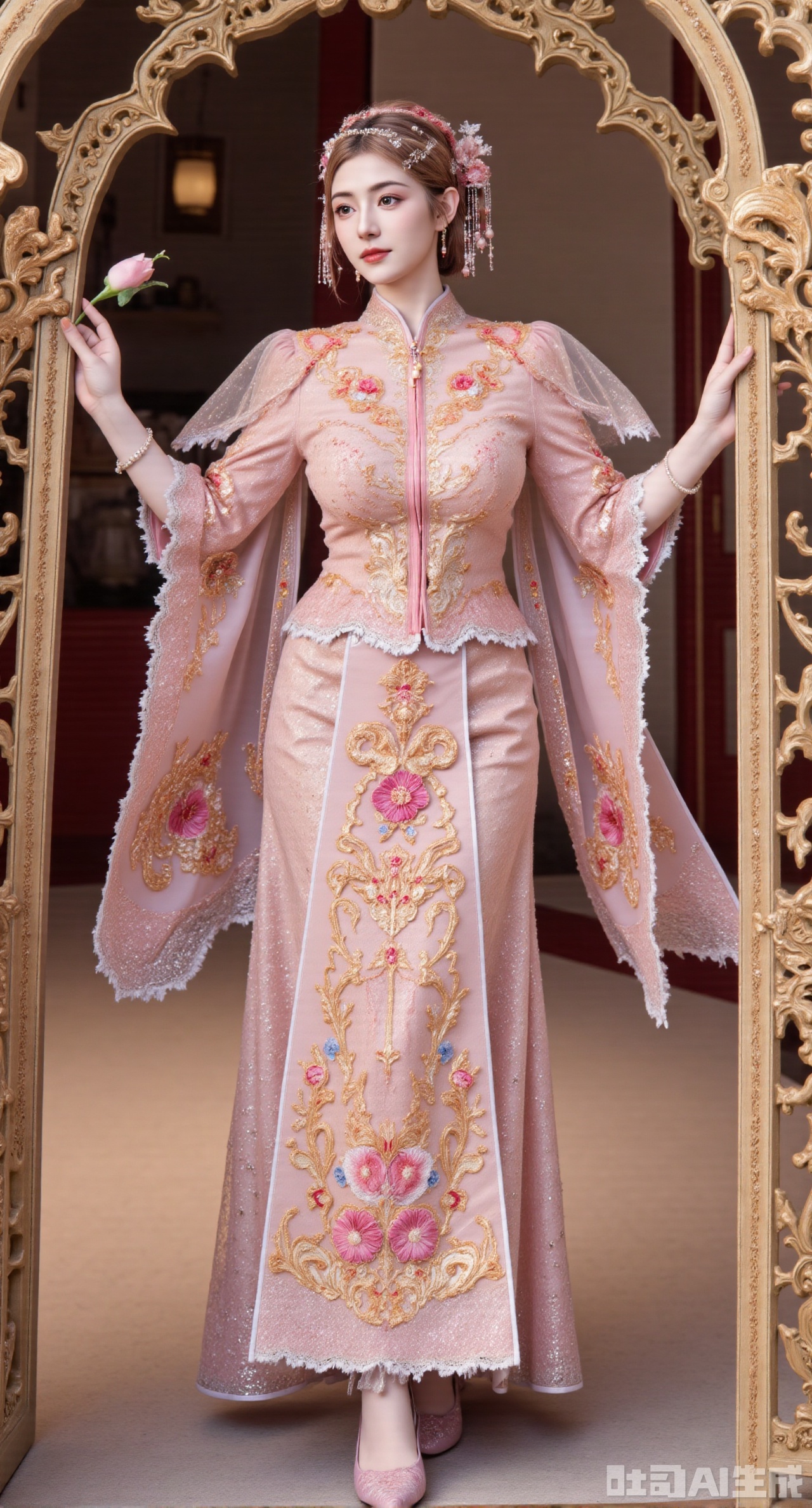 (masterpiece, best quality:1.2), A Chinese - style wedding - dress girl wearing a peach - red Xiuhe dress takes a photo with relatives and friends at the arch of a Chinese - style building. The Xiuhe dress uses Gu embroidery techniques. With peach - red silk as the fabric, it is embroidered with delicate butterflies and peach blossoms. The stitches are changeable and full of poetry. The stand - collar is paired with pink - jade buttons, and the cuffs and hem of the upper garment are embroidered with lace made of golden silk threads. The lower mami skirt is embroidered with peach - red peach blossoms, and the skirt gate is decorated with pink yingluo. The girl wears a pink - silk - flower hair crown, decorated with pearls, pink pearl earrings, a pink - crystal necklace around her neck, and a pink jade bracelet on her hand. The arch is exquisitely carved, ,(huge breasts, full breasts:2.99),XyunxiaoYK,Xbigbreasts,Xrixirenxiangsheying,Xmengru,XfuqingyunY,XluxueqiXY2,Xtangzichen,Xxiuhefu