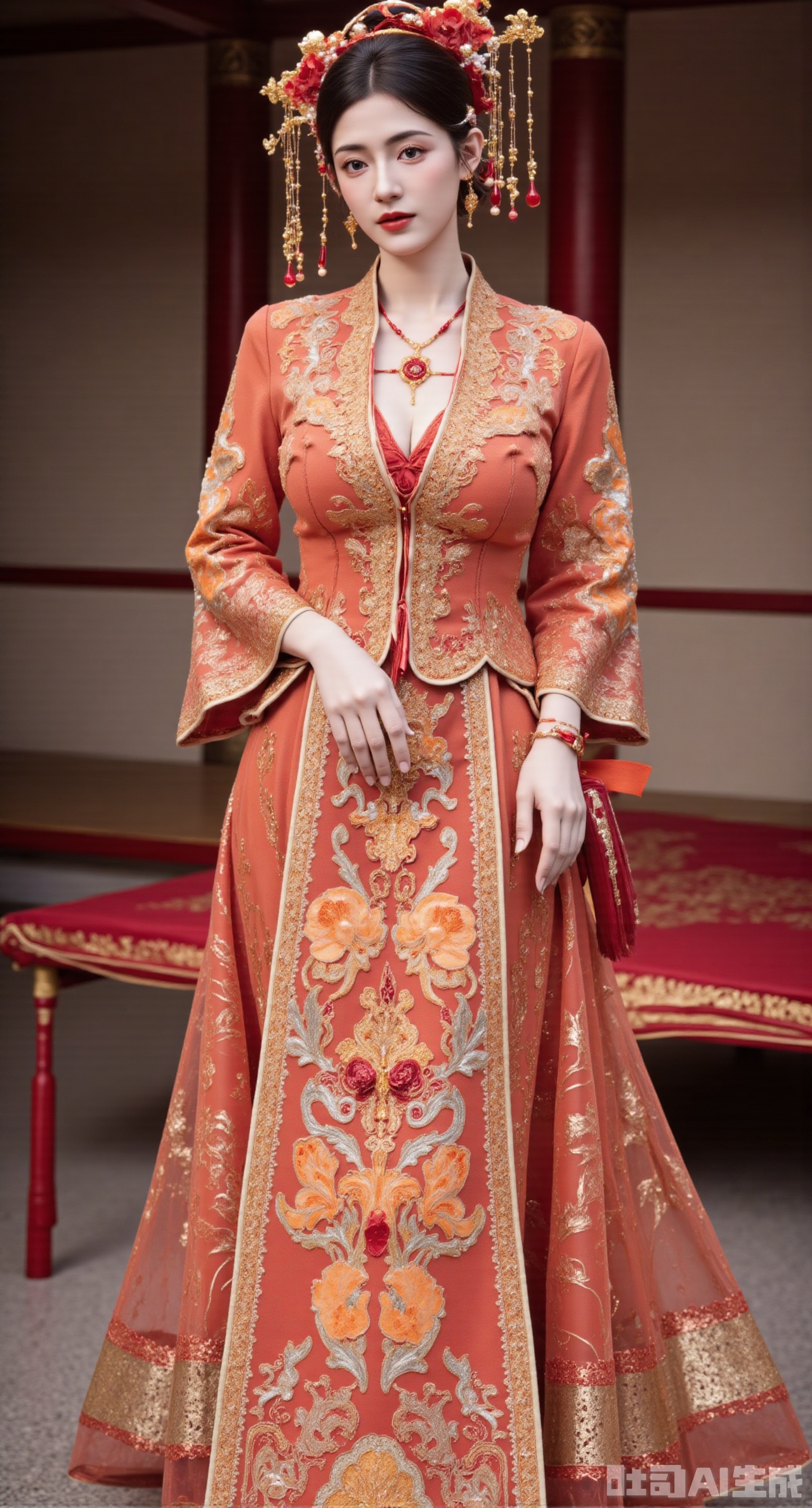 (masterpiece, best quality:1.2), A Chinese - style wedding - dress girl wearing an orange - red Xiuhe dress is about to perform the wedding ceremony in front of an ancient ancestral hall. The Xiuhe dress uses Shandong embroidery techniques. With an orange - red cotton cloth as the base, it is embroidered with pomegranate and bat patterns, which imply having many children and good fortune. The stitches are bold and simple. The stand - collar design is paired with red buttons, and the cuffs and hem of the upper garment are embroidered with golden fretwork patterns. The lower mami skirt is embroidered with orange peonies, and a red yingluo hangs at the skirt gate. The girl wears a red velvet - flower hair crown, decorated with golden beads, red coral earrings, a red agate necklace around her neck, and a red jade bracelet on her hand. The ancestral hall is solemn and simple, surrounded by sacrificial items, filled with a strong traditional atmosphere, (huge breasts, full breasts),(huge breasts, full breasts:2.99),XyunxiaoYK,Xbigbreasts,Xrixirenxiangsheying,Xmengru,XfuqingyunY,XluxueqiXY2,Xtangzichen,Xxiuhefu