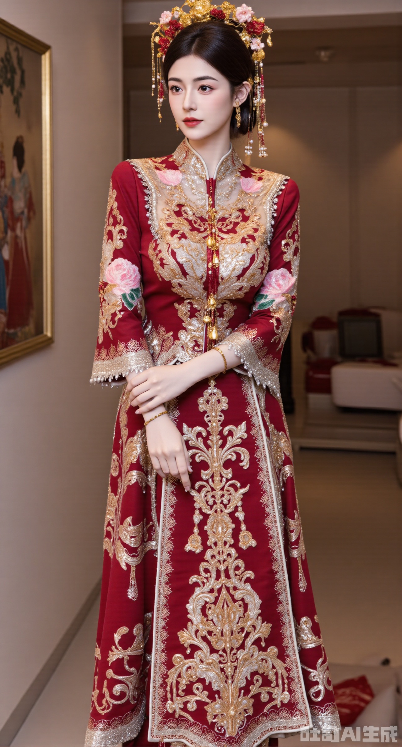 (masterpiece, best quality:1.2), A Chinese - style wedding - dress girl wearing a wine - red Xiuhe dress waits for the auspicious time in the flower hall of a Chinese - style courtyard. The Xiuhe dress uses Kaifeng embroidery techniques. With wine - red brocade as the fabric, it is embroidered with delicate mandarin ducks and twin lotus flowers. The stitches are fine, and the colors are bright. The stand - collar design is paired with golden buttons, and the shoulders and hem of the upper garment are embroidered with ruyi patterns outlined by golden silk threads. The lower mami skirt is embroidered with wine - red peonies, and a golden yingluo hangs at the skirt gate. The girl wears a red - gemstone hair crown, inlaid with pearls, wine - red gemstone earrings, a necklace with alternating red agate and golden beads around her neck, and a red jade bracelet on her hand. The flower hall is elegantly furnished, with exquisite porcelain and flowers, full of festivity and warmth, ,(huge breasts, full breasts:2.99),XyunxiaoYK,Xbigbreasts,Xrixirenxiangsheying,Xmengru,XfuqingyunY,XluxueqiXY2,Xtangzichen,Xxiuhefu
