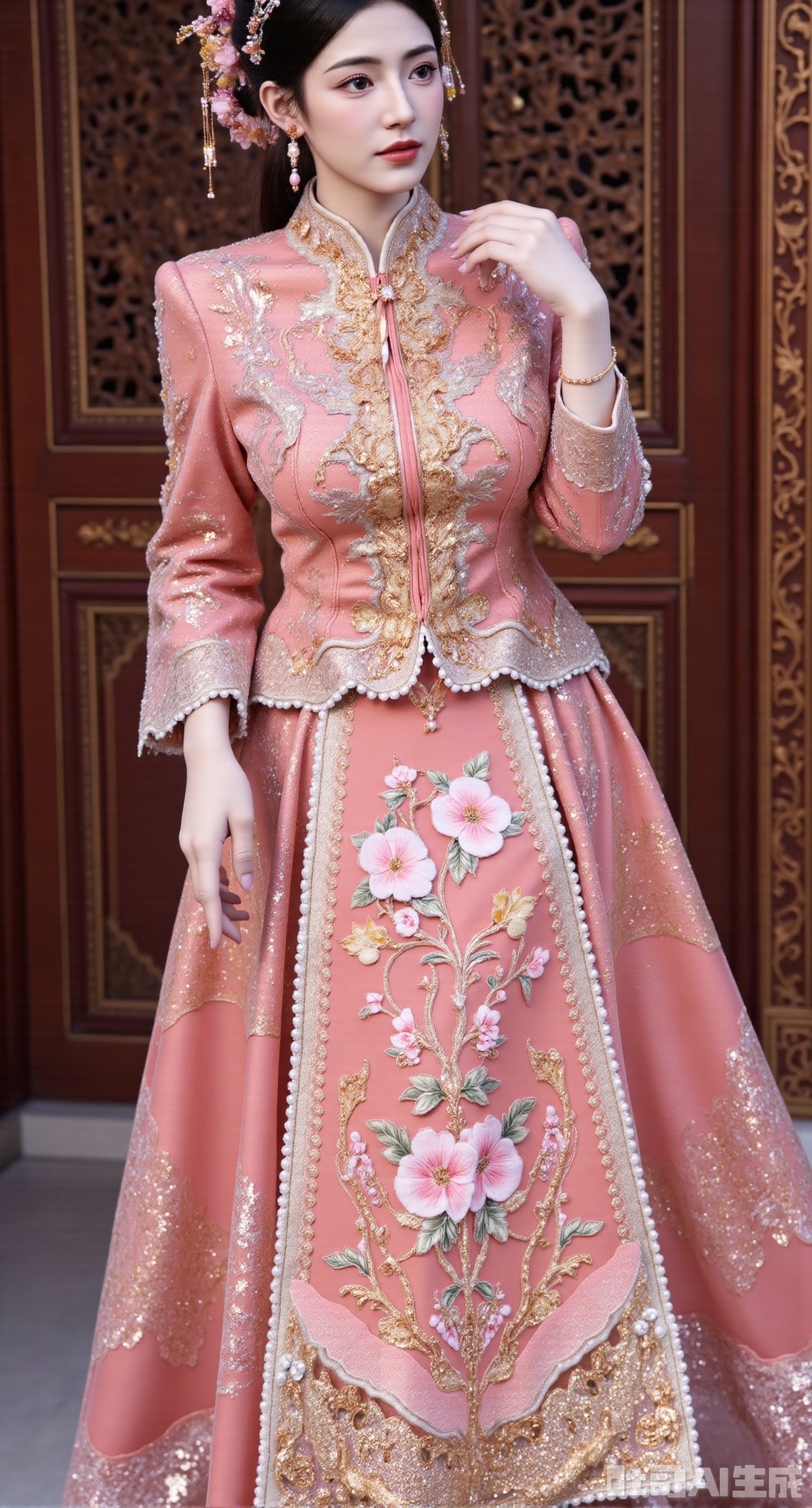 (masterpiece, best quality:1.2), A Chinese - style wedding - dress girl wearing a peach - red Xiuhe dress takes a photo with relatives and friends at the arch of a Chinese - style building. The Xiuhe dress uses Gu embroidery techniques. With peach - red silk as the fabric, it is embroidered with delicate butterflies and peach blossoms. The stitches are changeable and full of poetry. The stand - collar is paired with pink - jade buttons, and the cuffs and hem of the upper garment are embroidered with lace made of golden silk threads. The lower mami skirt is embroidered with peach - red peach blossoms, and the skirt gate is decorated with pink yingluo. The girl wears a pink - silk - flower hair crown, decorated with pearls, pink pearl earrings, a pink - crystal necklace around her neck, and a pink jade bracelet on her hand. The arch is exquisitely carved, ,(huge breasts, full breasts:2.99),XyunxiaoYK,Xbigbreasts,Xrixirenxiangsheying,Xmengru,XfuqingyunY,XluxueqiXY2,Xtangzichen,Xxiuhefu