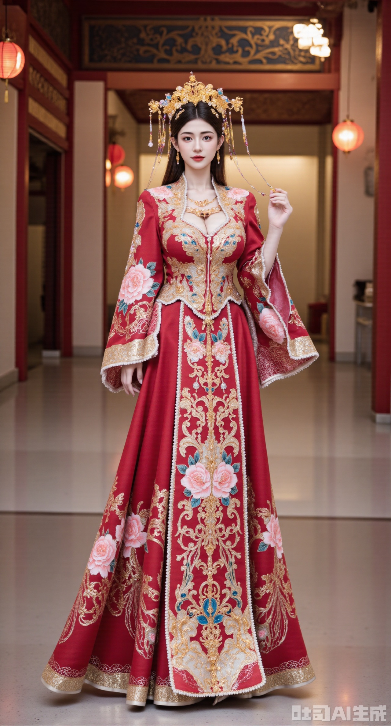 (masterpiece, best quality:1.2), A Chinese - style wedding - dress girl wearing a rose - red Xiuhe dress strolls in the corridor of a Chinese - style building. The Xiuhe dress uses Chaozhou embroidery techniques. With rose - red silk as the fabric, it is embroidered with gorgeous phoenixes and peonies. The colors are strong, and the stitches are changeable. The stand - collar is inlaid with colored gemstones, and the buttons are wrapped with golden silk threads, delicate and beautiful. The lower mami skirt is embroidered with rose - red flowers, and the skirt gate is decorated with colored yingluo. The girl wears a phoenix - hairpin hair crown, inlaid with various colored gemstones, rose - red gemstone earrings, a colored - gemstone necklace around her neck, and a colored jade bracelet on her hand. The corridor has carved beams and painted rafters, hung with red lanterns, full of a festive atmosphere,  (huge breasts, full breasts),(huge breasts, full breasts:2.99),XyunxiaoYK,Xbigbreasts,Xrixirenxiangsheying,Xmengru,XfuqingyunY,XluxueqiXY2,Xtangzichen,Xxiuhefu