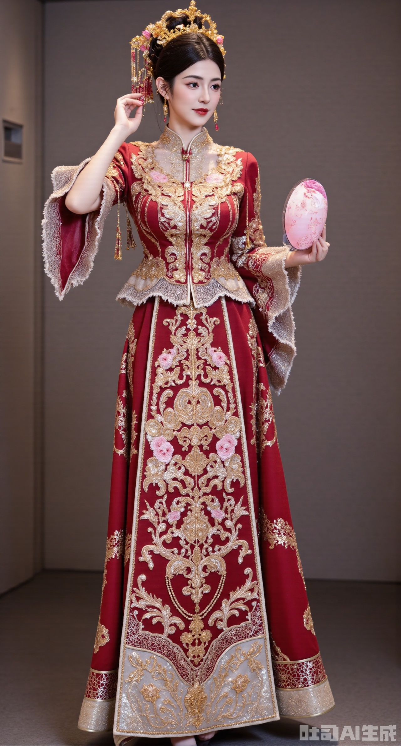 (masterpiece, best quality:1.2),traditional xiuhefu, diagonal collar with phoenix crown accessories, tassel decoration, floral Su embroidery pattern, eye-catching gold embroidery, classical courtyard,(huge breasts, full breasts:2.99),XyunxiaoYK,Xbigbreasts,Xrixirenxiangsheying,Xmengru,XfuqingyunY,XluxueqiXY2,Xtangzichen,Xxiuhefu