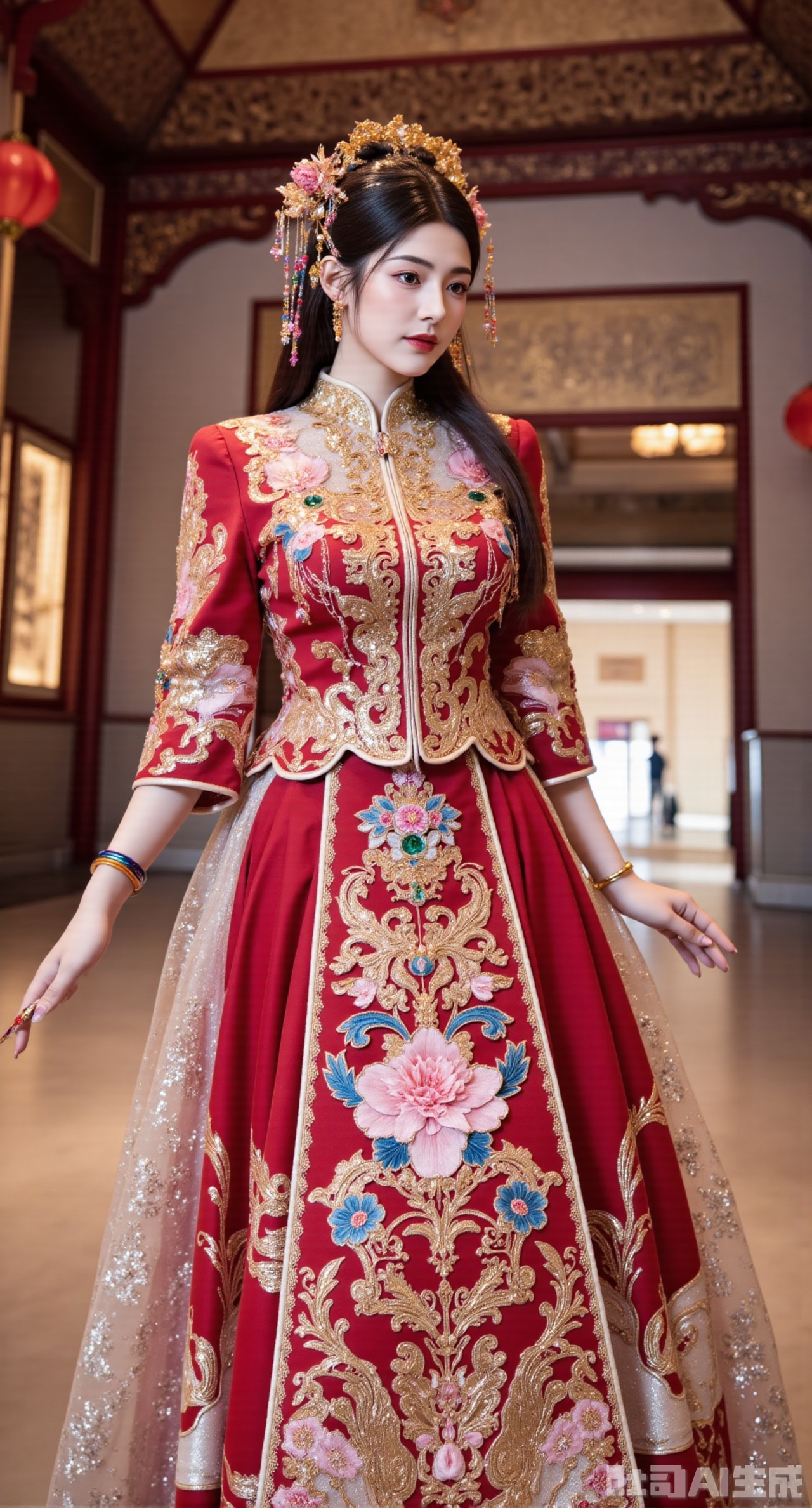 (masterpiece, best quality:1.2), A Chinese - style wedding - dress girl wearing a rose - red Xiuhe dress strolls in the corridor of a Chinese - style building. The Xiuhe dress uses Chaozhou embroidery techniques. With rose - red silk as the fabric, it is embroidered with gorgeous phoenixes and peonies. The colors are strong, and the stitches are changeable. The stand - collar is inlaid with colored gemstones, and the buttons are wrapped with golden silk threads, delicate and beautiful. The lower mami skirt is embroidered with rose - red flowers, and the skirt gate is decorated with colored yingluo. The girl wears a phoenix - hairpin hair crown, inlaid with various colored gemstones, rose - red gemstone earrings, a colored - gemstone necklace around her neck, and a colored jade bracelet on her hand. The corridor has carved beams and painted rafters, hung with red lanterns, full of a festive atmosphere,  (huge breasts, full breasts),(gigantic breasts, full breasts:2.99),XyunxiaoYK,Xbigbreasts,Xrixirenxiangsheying,Xmengru,XfuqingyunY,XluxueqiXY2,Xtangzichen,Xxiuhefu