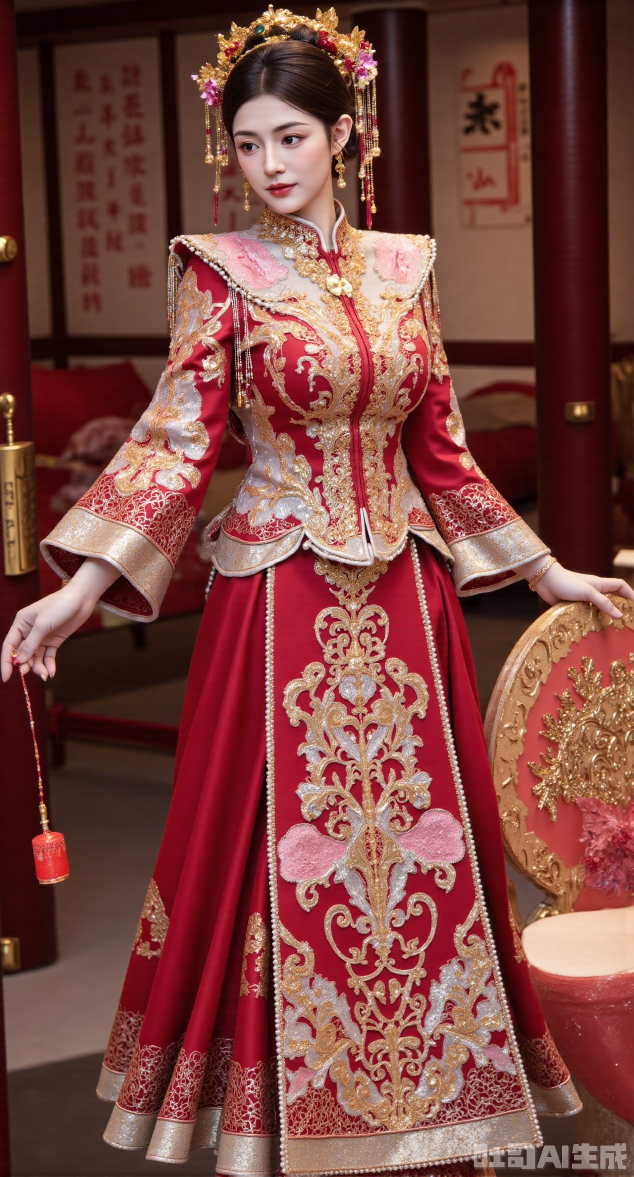 (masterpiece, best quality:1.2),masterpiece, best quality, A Chinese - style wedding - dress girl wearing a bright - red Xiuhe dress stands in an antique Chinese courtyard. The Xiuhe dress adopts the traditional Suzhou embroidery technique. The collar, cuffs, and hem are embroidered with auspicious phoenix - peony patterns, interwoven with gold and silver threads, dazzling. The upper garment has a stand - collar design, with delicate and small buttons. The lower mami skirt has neat pleats, and the skirt body is embroidered with delicate ruyi cloud patterns. The girl wears a phoenix coronet, inlaid with pearls and gemstones, and the hanging bead strings sway gently. She has red - gemstone earrings, a necklace inlaid with rubies around her neck, and a pair of jade bracelets on her hands. In the courtyard, red candles are brightly lit, and happy characters are pasted, creating a strong festive atmosphere for a Chinese - style wedding, (huge breasts, full breasts),(huge breasts, full breasts:2.99),XyunxiaoYK,Xbigbreasts,Xrixirenxiangsheying,Xmengru,XfuqingyunY,XluxueqiXY2,Xtangzichen,Xxiuhefu