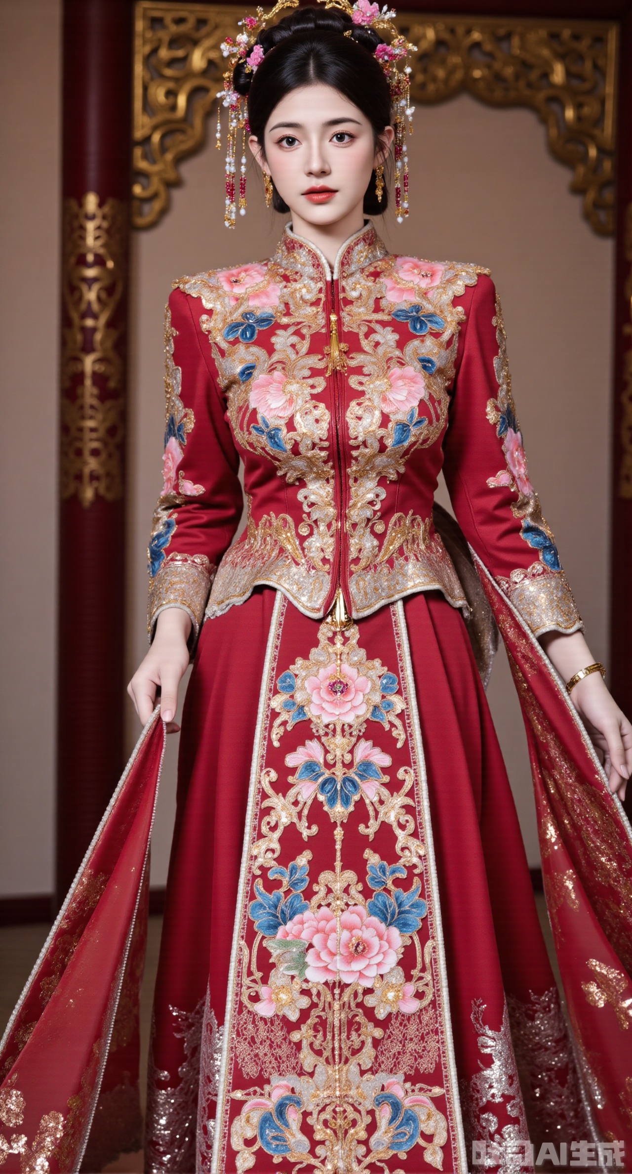 (masterpiece, best quality:1.2), A Chinese - style wedding - dress girl wearing a rose - red Xiuhe dress strolls in the corridor of a Chinese - style building. The Xiuhe dress uses Chaozhou embroidery techniques. With rose - red silk as the fabric, it is embroidered with gorgeous phoenixes and peonies. The colors are strong, and the stitches are changeable. The stand - collar is inlaid with colored gemstones, and the buttons are wrapped with golden silk threads, delicate and beautiful. The lower mami skirt is embroidered with rose - red flowers, and the skirt gate is decorated with colored yingluo. The girl wears a phoenix - hairpin hair crown, inlaid with various colored gemstones, rose - red gemstone earrings, a colored - gemstone necklace around her neck, and a colored jade bracelet on her hand. The corridor has carved beams and painted rafters, hung with red lanterns, full of a festive atmosphere,  (huge breasts, full breasts),(huge breasts, full breasts:2.99),XyunxiaoYK,Xbigbreasts,Xrixirenxiangsheying,Xmengru,XfuqingyunY,XluxueqiXY2,Xtangzichen,Xxiuhefu