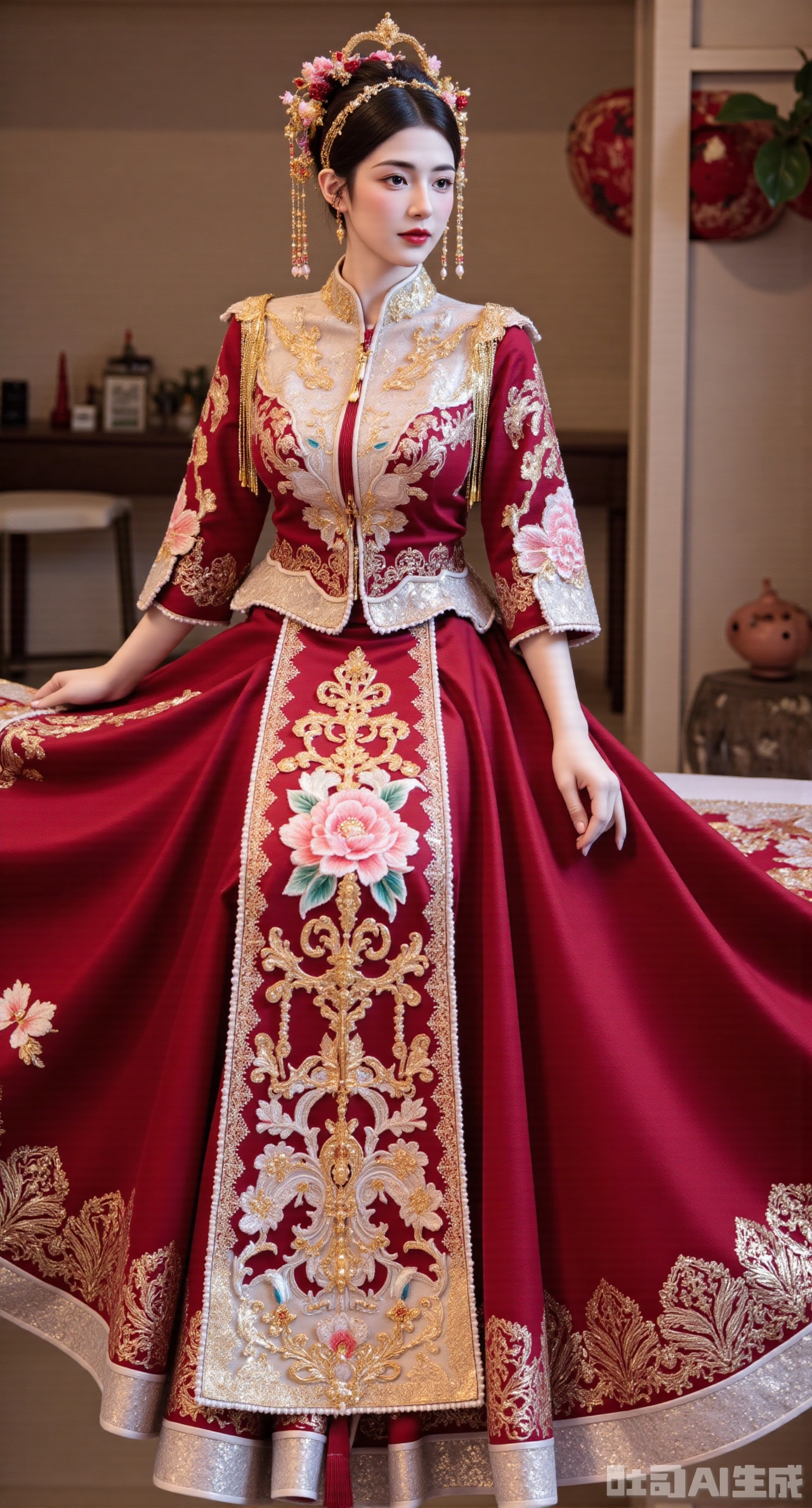 (masterpiece, best quality:1.2), A Chinese - style wedding - dress girl wearing a wine - red Xiuhe dress waits for the auspicious time in the flower hall of a Chinese - style courtyard. The Xiuhe dress uses Kaifeng embroidery techniques. With wine - red brocade as the fabric, it is embroidered with delicate mandarin ducks and twin lotus flowers. The stitches are fine, and the colors are bright. The stand - collar design is paired with golden buttons, and the shoulders and hem of the upper garment are embroidered with ruyi patterns outlined by golden silk threads. The lower mami skirt is embroidered with wine - red peonies, and a golden yingluo hangs at the skirt gate. The girl wears a red - gemstone hair crown, inlaid with pearls, wine - red gemstone earrings, a necklace with alternating red agate and golden beads around her neck, and a red jade bracelet on her hand. The flower hall is elegantly furnished, with exquisite porcelain and flowers, full of festivity and warmth, ,(huge breasts, full breasts:2.99),XyunxiaoYK,Xbigbreasts,Xrixirenxiangsheying,Xmengru,XfuqingyunY,XluxueqiXY2,Xtangzichen,Xxiuhefu