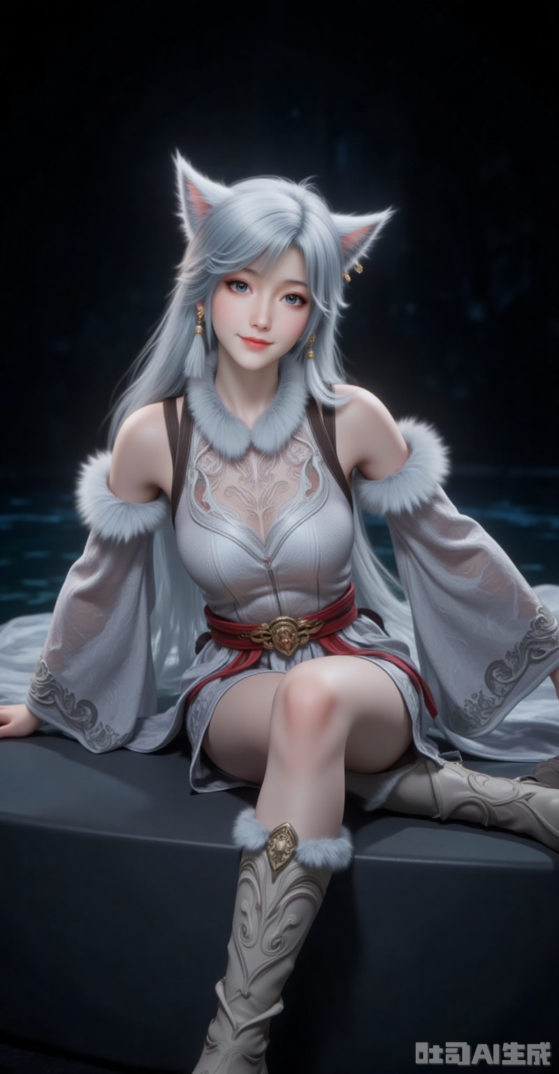 yinyue,1girl,animal ears,solo,detached sleeves,looking at viewer,earrings,jewelry,smile,long hair,white hair,cat ears,wide sleeves,fur trim,blue eyes,grey eyes,full body,bare shoulders,legs,sitting,lying,lips,boots,black_background,simple background,cover,gradient background,close-up details,outstanding style,adding a touch of dimension to your images without compromising details,close-up,lvjing