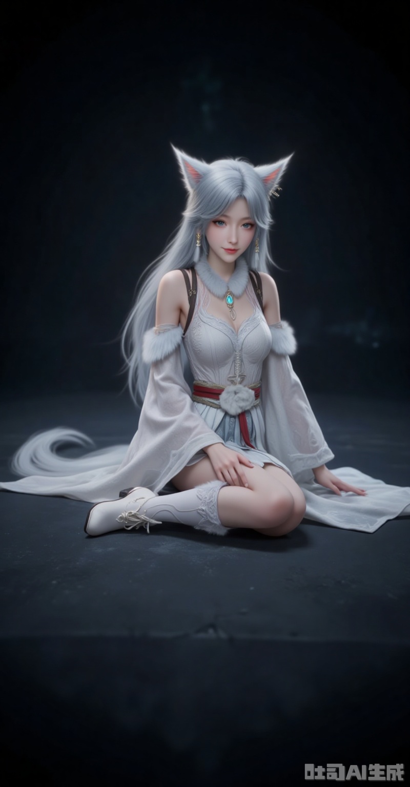 yinyue,1girl,animal ears,solo,detached sleeves,looking at viewer,earrings,jewelry,smile,long hair,white hair,cat ears,wide sleeves,fur trim,blue eyes,grey eyes,full body,bare shoulders,legs,sitting,lying,lips,boots,black_background,simple background,cover,gradient background,close-up details,outstanding style,adding a touch of dimension to your images without compromising details,close-up,lvjing