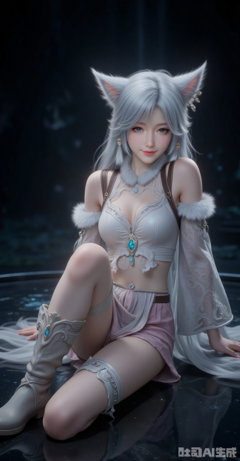 yinyue,1girl,animal ears,solo,detached sleeves,looking at viewer,earrings,jewelry,smile,long hair,white hair,cat ears,wide sleeves,fur trim,blue eyes,grey eyes,full body,bare shoulders,legs,sitting,lying,lips,boots,black_background,simple background,cover,gradient background,close-up details,outstanding style,adding a touch of dimension to your images without compromising details,close-up,lvjing