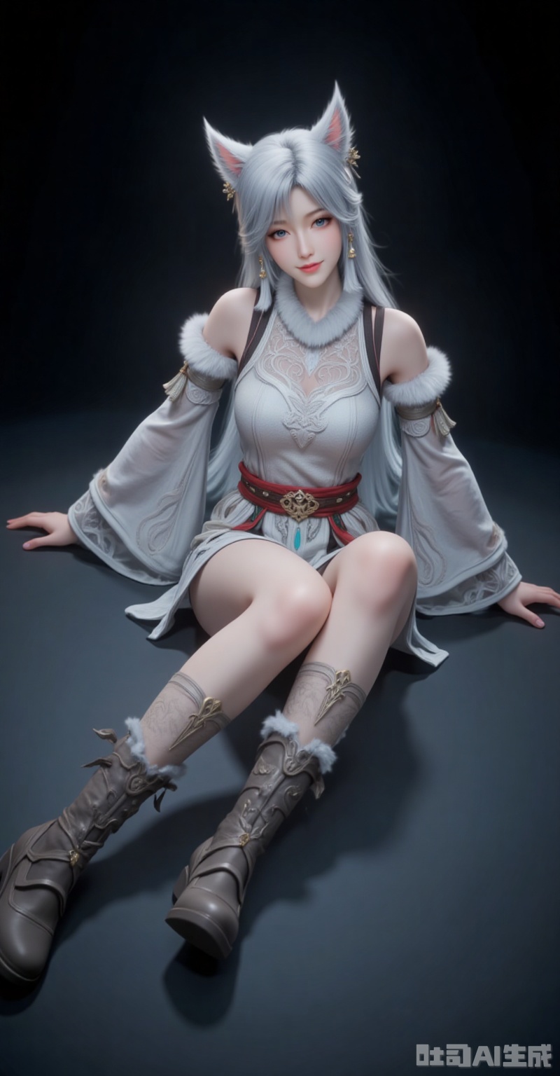 yinyue,1girl,animal ears,solo,detached sleeves,looking at viewer,earrings,jewelry,smile,long hair,white hair,cat ears,wide sleeves,fur trim,blue eyes,grey eyes,full body,bare shoulders,legs,sitting,lying,lips,boots,black_background,simple background,cover,gradient background,close-up details,outstanding style,adding a touch of dimension to your images without compromising details,close-up,lvjing