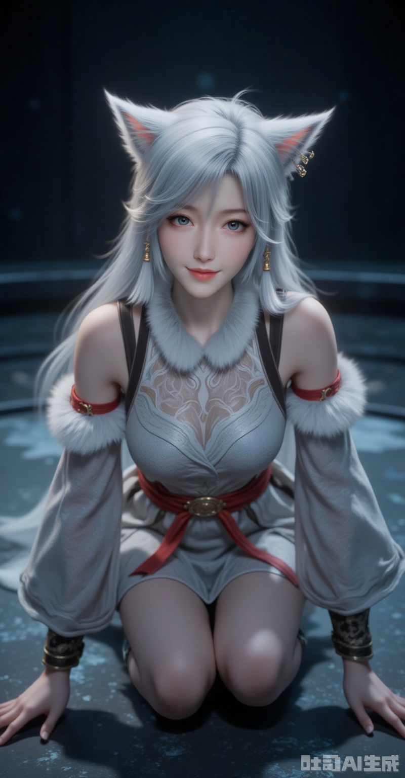 yinyue,1girl,animal ears,solo,detached sleeves,looking at viewer,earrings,jewelry,smile,long hair,white hair,cat ears,hands on the ground,wide sleeves,fur trim,blue eyes,grey eyes,full body,bare shoulders,legs,lying,lips,boots,black_background,cover,gradient background,close-up details,outstanding style,adding a touch of dimension to your images without compromising details,close-up,lvjing,lvjing