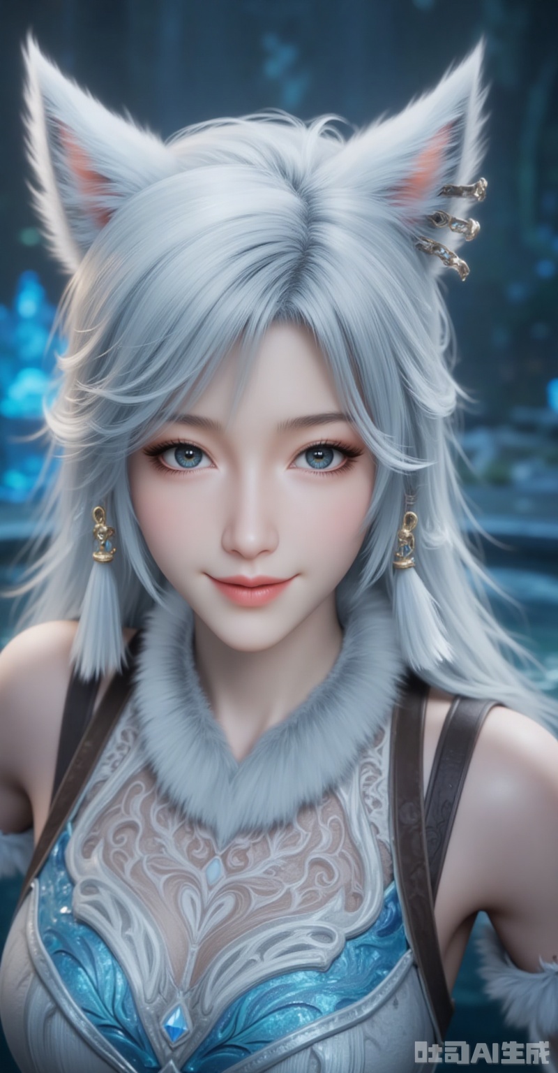yinyue,1girl, animal ears, solo, blue eyes, looking at viewer, blurry, long hair, earrings, heterochromia, wolf ears, portrait, smile, jewelry, blurry background, lips, white hair, miqo'te, realistic, depth of field, warrior of light \(ff14\),13,
cover,gradient background,close-up details,outstanding style,adding a touch of dimension to your images without compromising details,close-up,lvjing