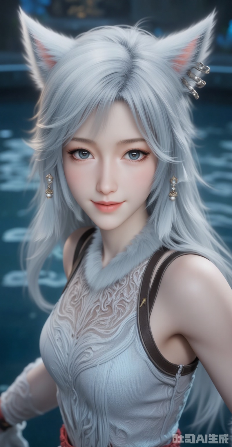 yinyue,1girl, animal ears, solo, blue eyes, looking at viewer, blurry, long hair, earrings, heterochromia, wolf ears, portrait, smile, jewelry, blurry background, lips, white hair, miqo'te, realistic, depth of field, warrior of light \(ff14\),13,
cover,gradient background,close-up details,outstanding style,adding a touch of dimension to your images without compromising details,close-up,lvjing