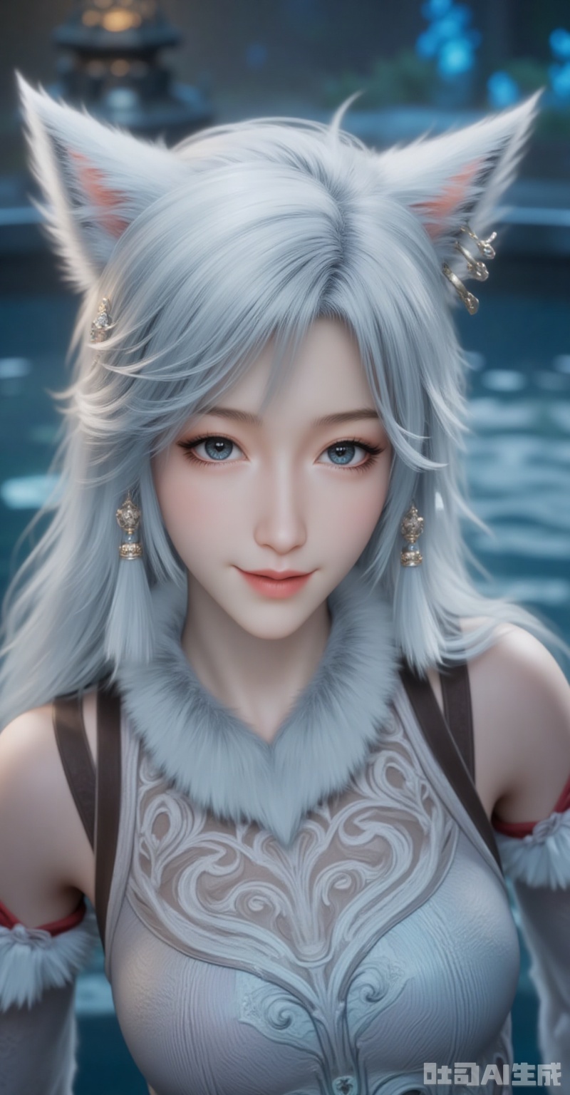 yinyue,1girl, animal ears, solo, blue eyes, looking at viewer, blurry, long hair, earrings, heterochromia, wolf ears, portrait, smile, jewelry, blurry background, lips, white hair, miqo'te, realistic, depth of field, warrior of light \(ff14\),13,
cover,gradient background,close-up details,outstanding style,adding a touch of dimension to your images without compromising details,close-up,lvjing