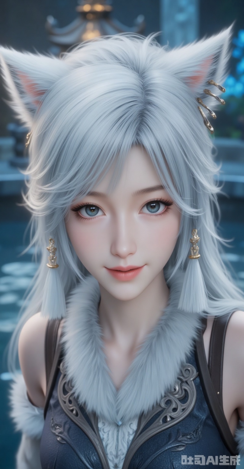 yinyue,1girl, animal ears, solo, blue eyes, looking at viewer, blurry, long hair, earrings, heterochromia, wolf ears, portrait, smile, jewelry, blurry background, lips, white hair, miqo'te, realistic, depth of field, warrior of light \(ff14\),13,
cover,gradient background,close-up details,outstanding style,adding a touch of dimension to your images without compromising details,close-up,lvjing