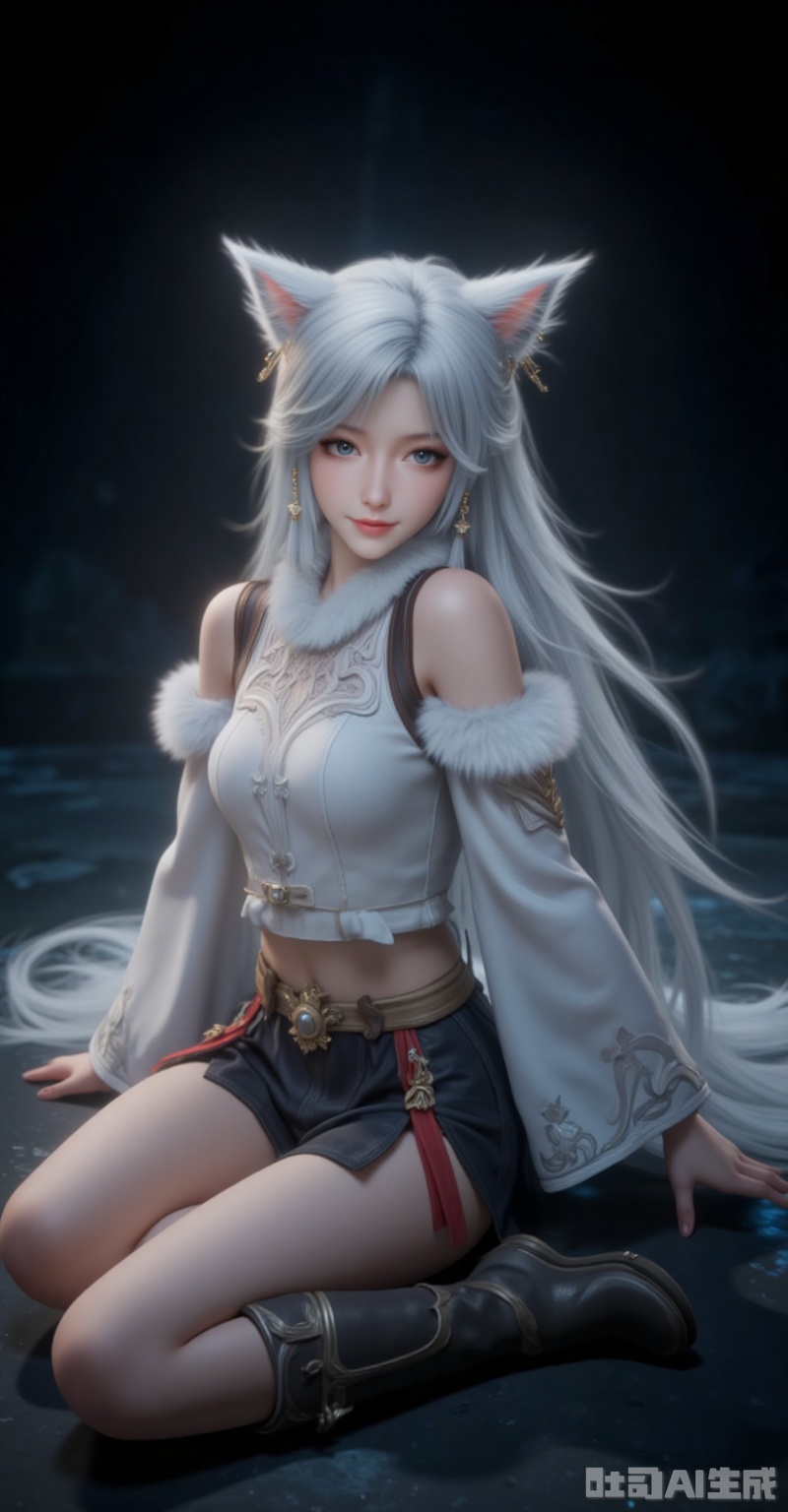 yinyue,1girl,animal ears,solo,detached sleeves,looking at viewer,earrings,jewelry,smile,long hair,white hair,cat ears,wide sleeves,fur trim,blue eyes,grey eyes,full body,bare shoulders,legs,sitting,lying,lips,boots,black_background,simple background,cover,gradient background,close-up details,outstanding style,adding a touch of dimension to your images without compromising details,close-up,lvjing