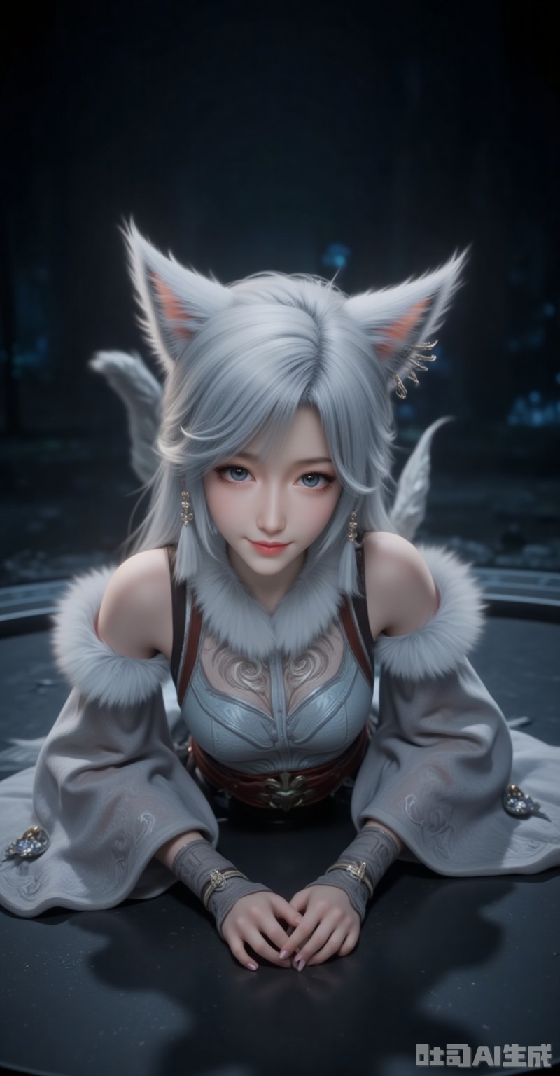 yinyue,1girl,animal ears,solo,detached sleeves,looking at viewer,earrings,jewelry,smile,long hair,white hair,cat ears,hands on the ground,wide sleeves,fur trim,blue eyes,grey eyes,full body,bare shoulders,legs,lying,lips,boots,black_background,cover,gradient background,close-up details,outstanding style,adding a touch of dimension to your images without compromising details,close-up,lvjing,lvjing