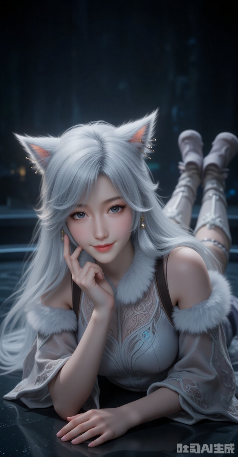 yinyue,1girl,animal ears,solo,detached sleeves,looking at viewer,earrings,jewelry,smile,long hair,white hair,cat ears,hands on the ground,wide sleeves,fur trim,blue eyes,grey eyes,full body,bare shoulders,legs,lying,lips,boots,black_background,cover,gradient background,close-up details,outstanding style,adding a touch of dimension to your images without compromising details,close-up,lvjing,lvjing