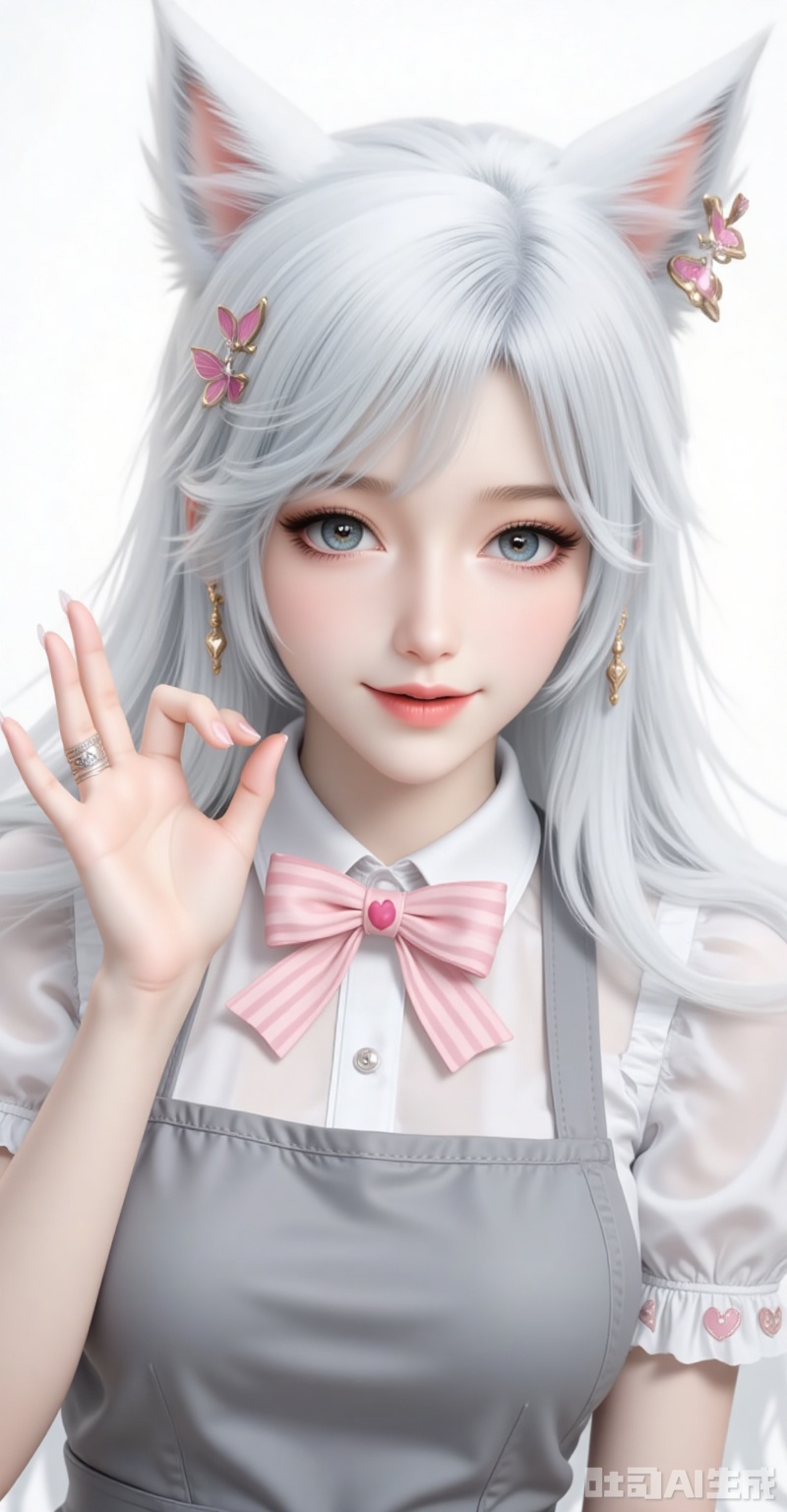 yinyue,1girl,animal ears,long hair,earrings,jewelry,white hair,blue eyes,wolf ears,lips,1girl,solo,bandaid on hand,butterfly hair ornament,heart,long hair,apron,open mouth,pink bowtie,hair ornament,white background,pink bow,short sleeves,dress,simple background,bow,striped bow,hair between eyes,bandaid,shadow,puffy sleeves,frills,puffy short sleeves,heart hands,bowtie,hands up,grey apron,smile,looking at viewer,striped bowtie,symbol-shaped pupils,heart-shaped pupils,symbol in eye,tongue,grey bow, cover,gradient background,close-up details,outstanding style,adding a touch of dimension to your images without compromising details,close-up,,lvjing,,