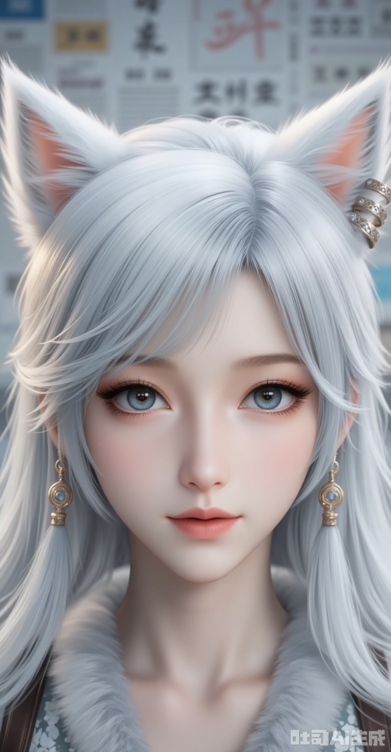 yinyue,1girl,animal ears,long hair,earrings,jewelry,white hair,blue eyes,wolf ears,lips,cover,gradient background,close-up details,outstanding style,adding a touch of dimension to your images without compromising details,close-up,,lvjing,,baoshi,,baozhi,paper,newspaper,the newspaper wall,newspaper background,