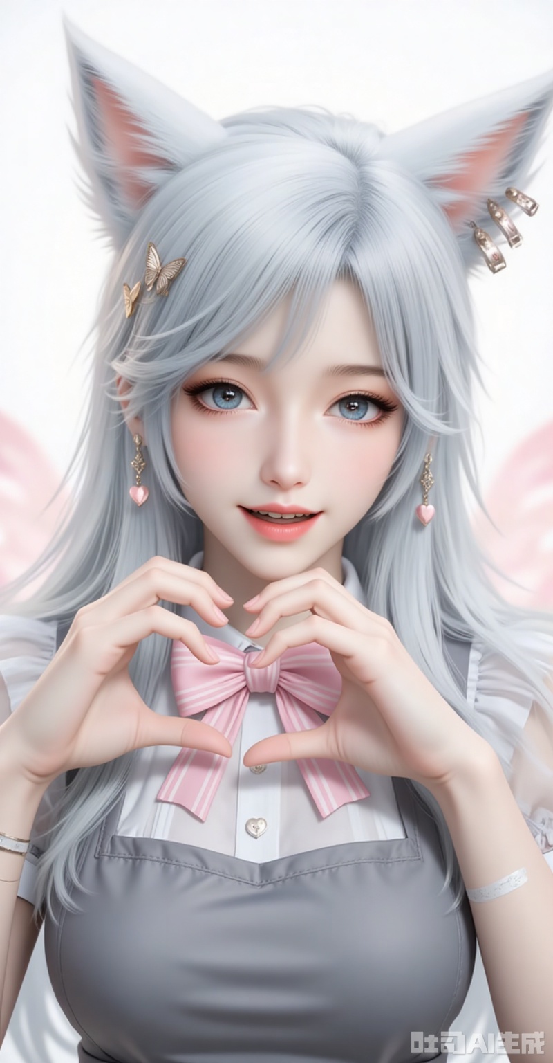 yinyue,1girl,animal ears,long hair,earrings,jewelry,white hair,blue eyes,wolf ears,lips,1girl,solo,bandaid on hand,butterfly hair ornament,heart,long hair,apron,open mouth,pink bowtie,hair ornament,white background,pink bow,short sleeves,dress,simple background,bow,striped bow,hair between eyes,bandaid,shadow,puffy sleeves,frills,puffy short sleeves,heart hands,bowtie,hands up,grey apron,smile,looking at viewer,striped bowtie,symbol-shaped pupils,heart-shaped pupils,symbol in eye,tongue,grey bow, cover,gradient background,close-up details,outstanding style,adding a touch of dimension to your images without compromising details,close-up,,lvjing,,