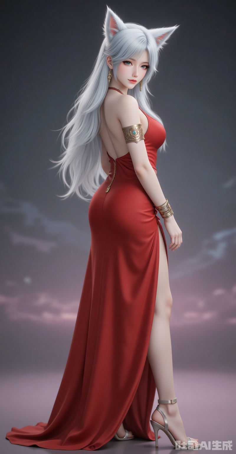 yinyue,1girl,animal ears,long hair,earrings,jewelry,white hair,blue eyes,wolf ears,lips,1girl,dress,solo,high heels,red dress,jewelry,breasts,full body,earrings,backless dress,standing,from side,legs,backless outfit,bare shoulders,ass,looking at viewer,armlet,sandals,bare legs,side slit, cover,gradient background,close-up details,outstanding style,adding a touch of dimension to your images without compromising details,close-up,,lvjing,,