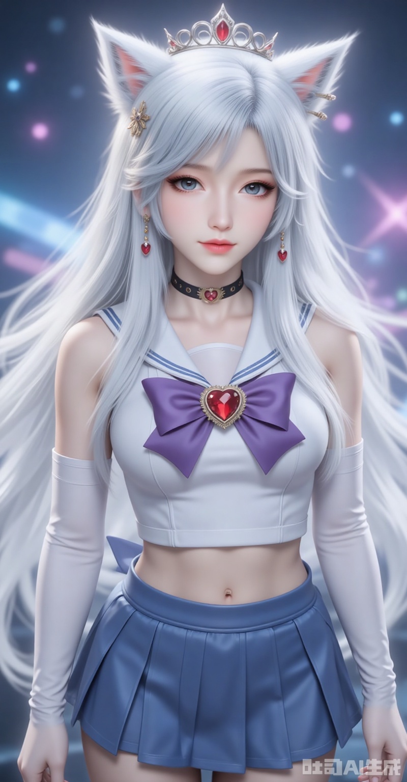 yinyue,1girl,animal ears,long hair,earrings,jewelry,white hair,blue eyes,wolf ears,lips,1girl,sailor senshi uniform,solo,jewelry,skirt,gloves,earrings,blue skirt,white gloves,sailor collar,bow,breasts,choker,elbow gloves,magical girl,back bow,covered navel,pleated skirt,looking at viewer,brooch,purple bow,heart brooch,red choker,miniskirt,closed mouth,large breasts,collarbone,red gemstone,tiara,cowboy shot, cover,gradient background,close-up details,outstanding style,adding a touch of dimension to your images without compromising details,close-up,,lvjing,,