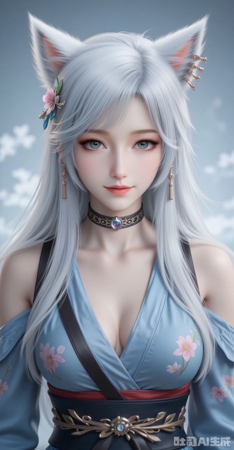 yinyue,1girl,animal ears,long hair,earrings,jewelry,white hair,blue eyes,wolf ears,lips,1girl,breasts,solo,japanese clothes,hair ornament,kimono,flower,hair flower,sash,blue kimono,large breasts,choker,looking at viewer,cleavage,bare shoulders,obi,off shoulder,earrings,smile,jewelry,floral print,closed mouth,makeup,from side,long sleeves, cover,gradient background,close-up details,outstanding style,adding a touch of dimension to your images without compromising details,close-up,,lvjing,,